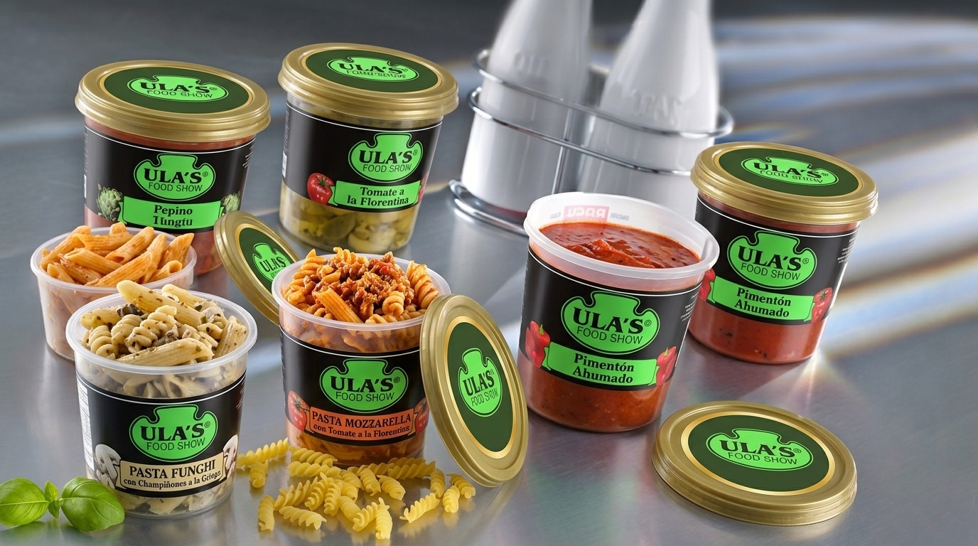 Modify the plastic containers in the image: replace the "RAGU" branding on all the sauce tubs and lids with the "ULAs" logo, keeping the same sauce contents inside. Beside them, add plastic tubs filled with prepared pasta dishes, topped with lids matching the color scheme of the ULAs logo, and replace any other brand logos with the "ULAs" logo on the labels.