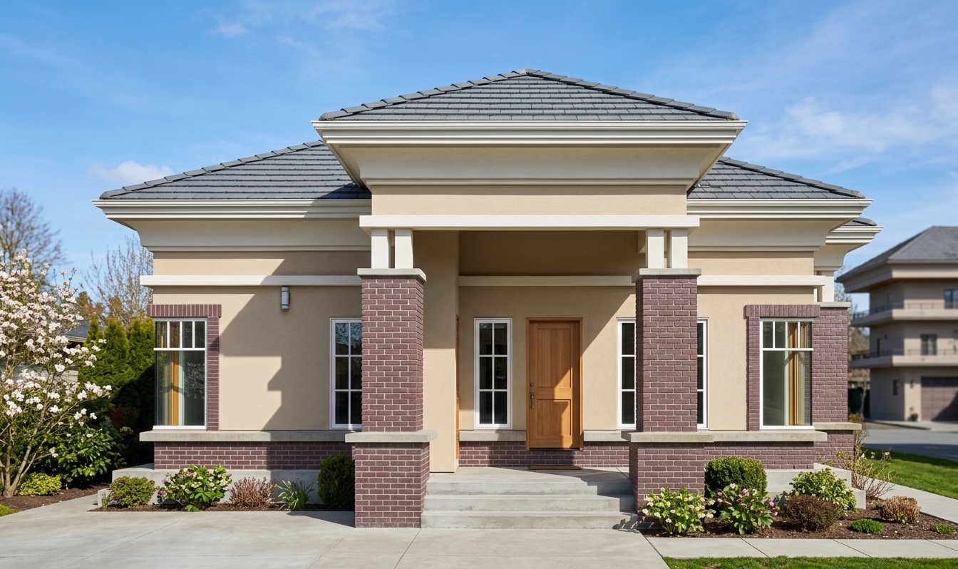 An incredibly lifelike, richly detailed, photorealistic eye-level architectural photo of an elegant and contemporary house exterior set in a tranquil suburban environment during early spring. The scene is illuminated by bright, clear midday sunlight that casts defined, dramatic geometric shadows beneath the deep overhangs and tiered portico, creating an inviting atmosphere of contemporary elegance. Captured with a professional 35mm tilt-shift lens, emphasizing the rich tactile textures of the earthy plum-red brick pillars, smooth warm-sand stucco walls, and layered slate-gray roof tiles. Symmetrical structural elements frame a recessed entrance featuring a natural timber front door flanked by crisp white-framed windows, while modern corner window wraps with light wood reveals catch pristine sky reflections, seamlessly tying together the refined residential composition.