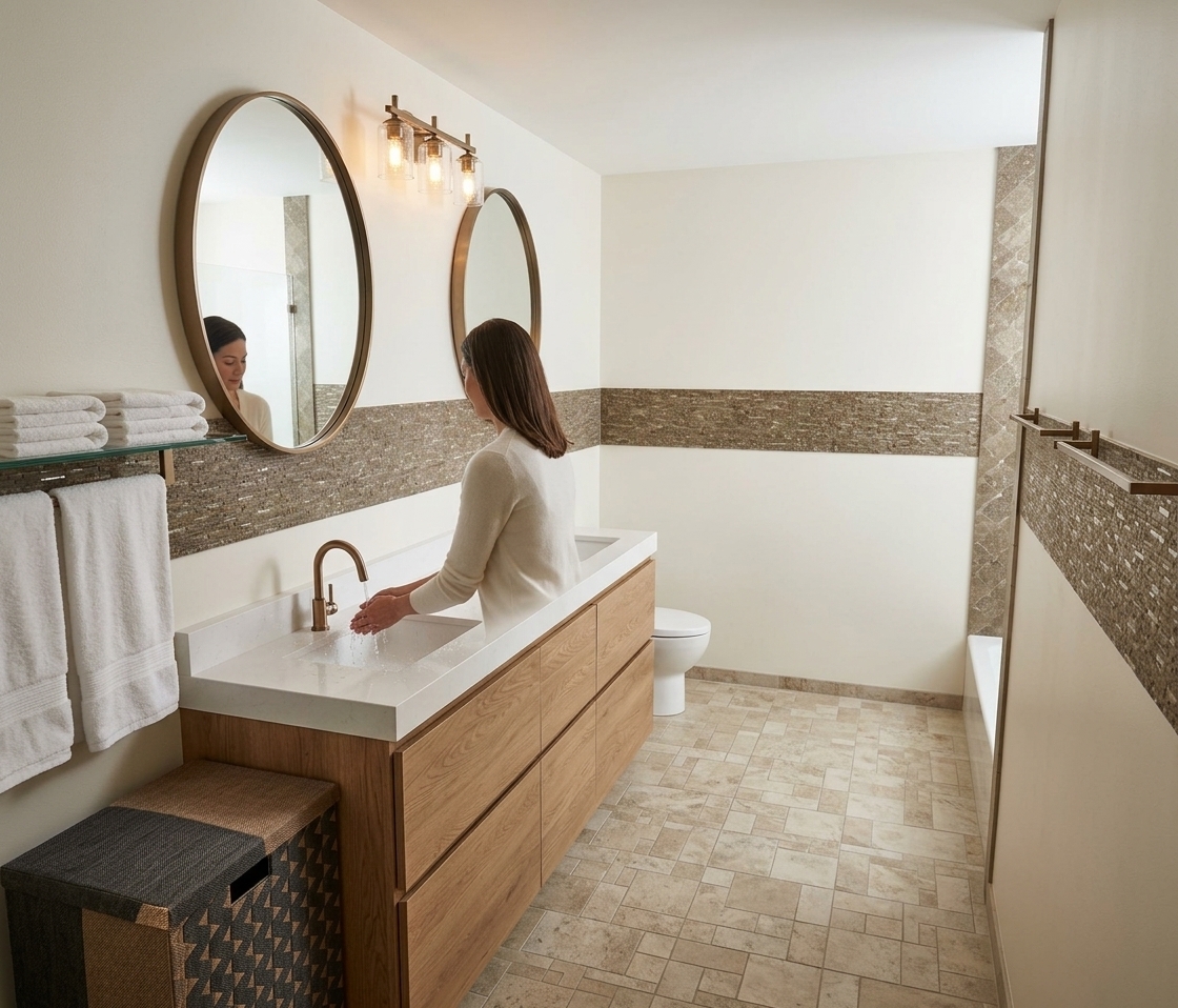 An incredibly lifelike, richly detailed, photorealistic interior photo of an elegant contemporary bathroom set in a modern home. The scene is illuminated by diffused midday light blending with the warm, gentle radiance of the overhead glass vanity fixture, creating a serene and luxurious atmosphere. Captured with a wide-angle 24mm architectural lens, emphasizing the organic oak grain of the floating double vanity, the earthy stone mosaic ribbon, and the textured tile flooring. At the forward basin, an elegant woman gently washes her hands under the flowing stream of a brushed-bronze gooseneck faucet, with fine water droplets sparkling against the crisp white quartz countertop. Two large circular bronze-framed mirrors reflect the bright, clean room, complementing the plush folded towels, tailored geometric laundry hamper, and the pristine minimalist aesthetic of the surrounding space.