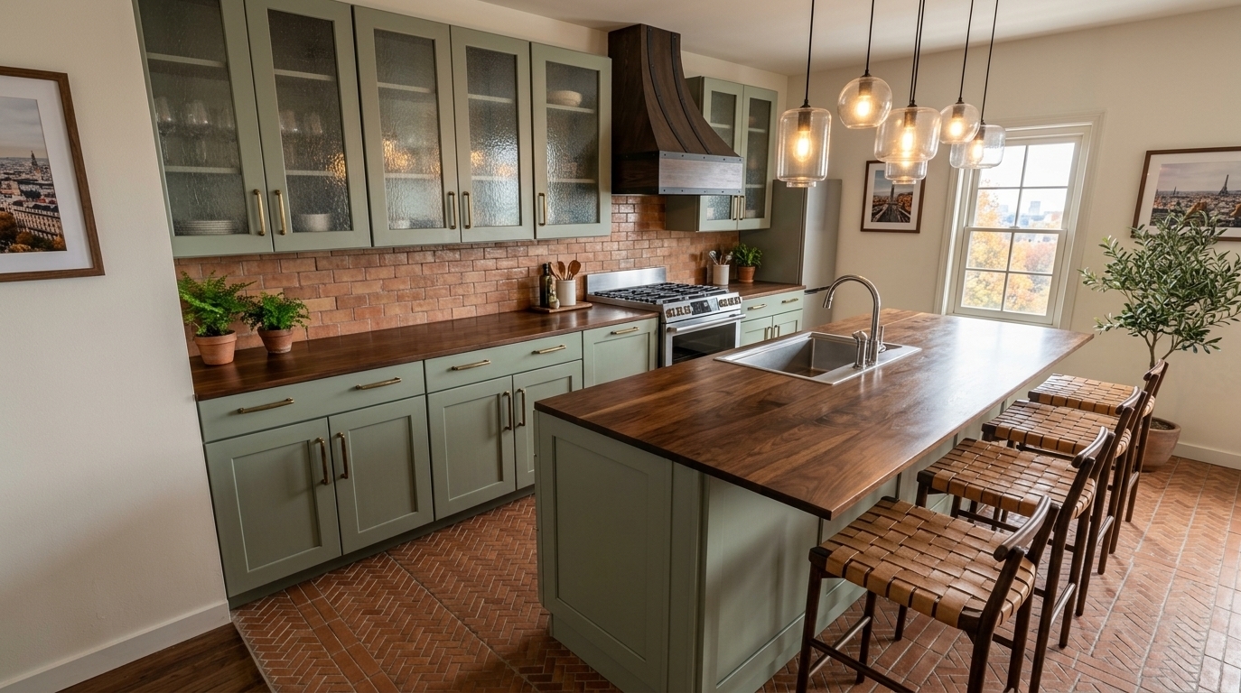 An incredibly lifelike, richly detailed, photorealistic wide-angle interior shot of an eclectic kitchen set in a cultured, adventurous traveler's retreat. The scene is illuminated by crisp, natural midday autumn light filtering through the window alongside the gentle ambient glow from a sculptural cluster of suspended glass pendant lights, creating a warm, vibrant, and nostalgic atmosphere. Captured with a 24mm architectural tilt-shift lens, emphasizing the intricate textures of herringbone terracotta floor tiles, lustrous dark walnut countertops, and muted sage-green shaker cabinetry with glass-paneled fronts. A statement dark-stained timber range hood anchors the cooking hearth, complemented by sleek stainless-steel appliances and a modern undermount sink embedded into the central island. Blending vintage soul with contemporary refinement, the space feels richly curated and layered with earth tones, featuring textured barstools, glistening chrome fixtures, and surfaces that suggest worldly collections, travel photography, and flourishing indoor botanicals nestled in an inviting culinary haven.