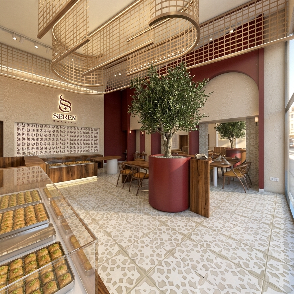 A wide-angle architectural photograph captures this baklava café interior with natural daylight balanced by warm artificial lighting. The display cases feature realistic glass reflections, fine dust motes, and displays of glossy, syrup-glazed baklava on polished metal trays. The patterned tile floor shows authentic grout seams, varied matte textures, and soft ambient occlusions beneath the tables and planters. The overhead brass grid installation exhibits brushed metallic highlights with subtle warmth, while the deep crimson walls and textured beige stucco display rich tactile micro-textures. Leaves on the central indoor tree have lifelike translucency, delicate surface veining, and organic imperfections, rendered sharply with gentle depth of field and faint, natural film grain throughout.