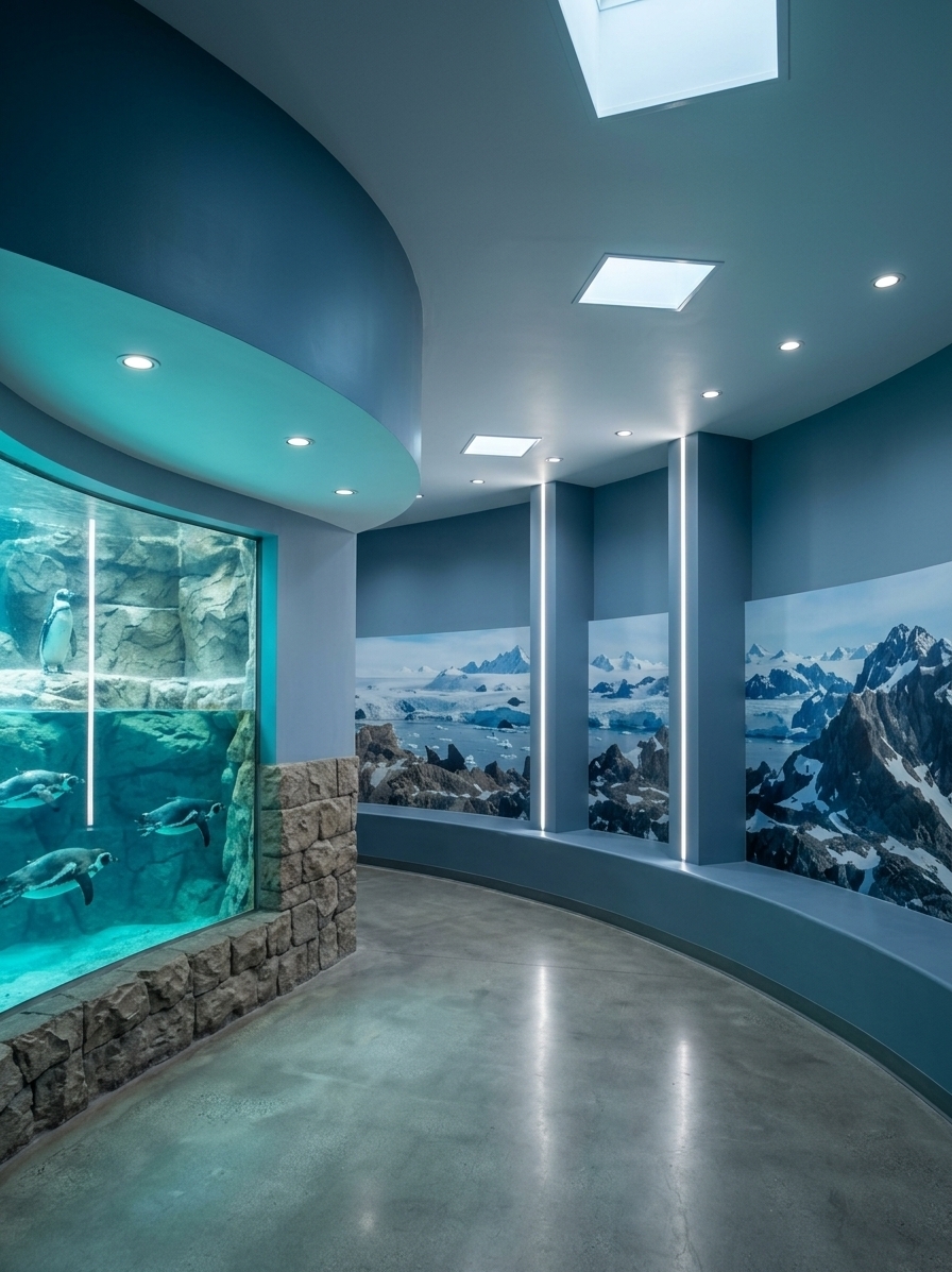 An incredibly lifelike, richly detailed, photorealistic wide-angle interior shot of an aquarium corridor set in a modern marine observatory with subtle retro-futuristic undertones. The scene is illuminated by crisp recessed ceiling spotlights and the cool, ethereal turquoise glow emanating from the deep aquatic habitat, creating an immersive, tranquil atmosphere. Captured with a professional full-frame camera and a 24mm tilt-shift lens, emphasizing the seamless architectural finishes and the crystal-clear refraction of water through thick acrylic panels. 

In this refined layout, the two exposed blue cylindrical pillars have been encased in clean, geometric drywall enclosures finished in smooth, matte slate-blue paint that integrates seamlessly with the surrounding architecture. Running vertically along the full height of each new drywall pillar is a flush, recessed LED light strip casting a sleek, futuristic ribbon of bright white light from floor to ceiling. The rest of the space remains beautifully preserved: on the left, the sweeping curved viewing glass showcases lively penguins diving through illuminated azure waters against realistic faux-rock facades, framed below by textured modular stone blocks; on the right, the panoramic Antarctic mountain mural curves gracefully above the integrated blue bench, all reflecting subtly across the seamless polished grey concrete floor.