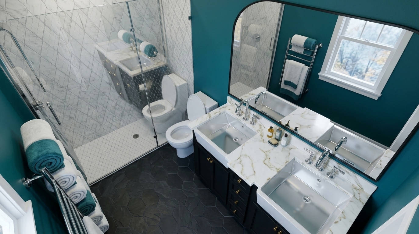 An incredibly lifelike, richly detailed, photorealistic eye-level interior photo of a glamorous Art Deco bathroom set in a high-end historic residence. The scene is illuminated by bright, cool midday autumn sunlight diffused with soft interior ambient lighting, creating an opulent and sophisticated atmosphere. Captured with a 35mm architectural lens, emphasizing the rich contrast between the saturated peacock-teal walls and the opulent white Calacatta marble vanity counter. A custom black double-basin vanity with polished brass hardware and dual rectangular undermount sinks takes center stage, crowned by a grand arched mirror in a slim matte black frame that reflects the room's immaculate geometry. Glistening chrome gooseneck faucets, dark hexagonal slate floor tiles, and the crystal-clear glass partition of the adjacent walk-in shower showcase immaculate reflections, embodying refined Art Deco luxury in every finish.