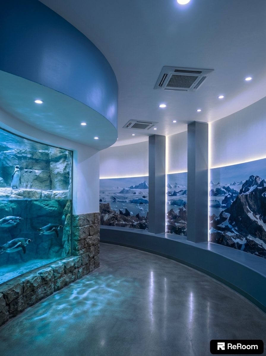 A crisp architectural photograph capturing the curved aquarium corridor, preserving the exact camera angle, perspective, and composition. The stonework beneath the large acrylic viewing panel features enhanced, realistic rough-hewn textures with natural mineral variations, realistic mortar joints, and subtle dampness near the edges. Inside the enclosure, the water level is lowered slightly below its current line, creating a clear meniscus against the glass while maintaining the penguins, artificial rocks, and realistic underwater caustics that dance across the polished concrete floor. The cool, ambient indoor lighting, recessed ceiling spotlights, and backlit ice-mountain wall murals are rendered with authentic photorealistic exposure, balanced reflections on the clean acrylic, gentle atmospheric falloff, and subtle sensor grain.