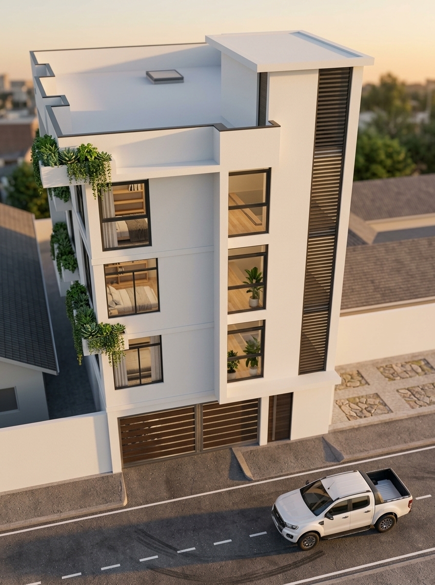 An incredibly lifelike, richly detailed, photorealistic high-angle three-quarter exterior architectural photograph of a four-story modern residential building set in a quiet urban neighborhood during a clear spring sunset. The scene is illuminated by the low, golden rays of the setting sun casting soft, warm gradients and elongated shadows along the street, creating a serene and sophisticated atmosphere. Captured with a high-end tilt-shift lens on a full-frame sensor, emphasizing the crisp geometric lines of the pristine white plaster facade, matte charcoal window frames, and vibrant green cascading foliage tucked into the staggered balcony planters. Through the expansive floor-to-ceiling glass, carefully curated minimalist living spaces are softly visible, evoking an uncluttered, zen-inspired haven styled with elegant blonde wood and sleek metal furniture, serene monochromatic tones of white, soft gray, and subtle pastels, a stylish photography book resting on an immaculate low coffee table, muted abstract wall art, and flourishing indoor potted plants. At street level, the realistic asphalt displays fine aggregate textures and subtle tire markings alongside a glossy white pickup truck parked beside the modern slatted garage door, with the rooftop terrace and tall stair tower catching the lingering dusk light above.