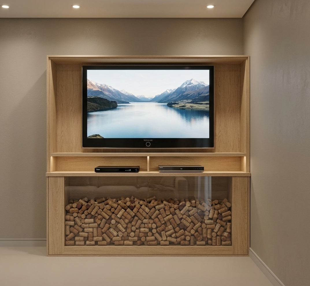 An incredibly lifelike, richly detailed, photorealistic eye-level interior shot of a bespoke modern fusion living room entertainment center set in an elegant contemporary residence. The scene is illuminated by soft, warm recessed spotlights and subtle integrated LED accent strip lighting nestled within the millwork, creating an intimate, cozy, and sophisticated atmosphere. Captured with a professional 50mm architectural lens at eye level, emphasizing the natural texture of light blonde oak wood grain, polished glass reflections, and smooth matte-finished walls. 

At the center, a slim flat-screen television is cleanly mounted within a recessed wood-paneled niche, displaying a luminous high-resolution landscape. Directly beneath, a slender open console compartment houses sleek electronic media equipment, while the lower base features an innovative wine enthusiast's feature: a custom display showcase faced with crystal-clear tempered glass, designed to artfully store and exhibit an organic collection of wine corks. The seamless integration of warm organic woodwork against neutral greige perimeter walls exudes tailored craftsmanship, functionality, and refined modern fusion design.