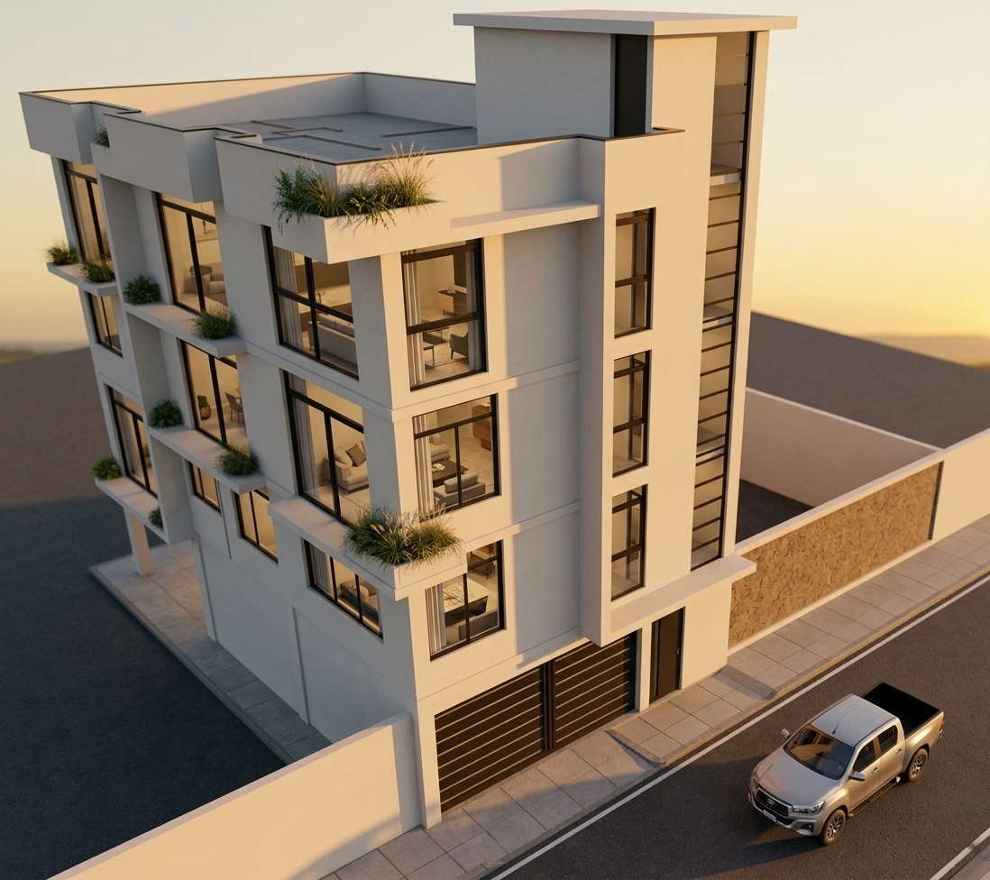 An incredibly lifelike, richly detailed, photorealistic elevated three-quarter architectural photograph of a modern, multi-story residential building set in a peaceful urban neighborhood on a serene summer evening. The scene is illuminated by the soft, warm golden glow of a setting sun sinking below the horizon, casting elongated shadows across the asphalt street and imparting an amber tint to the pristine white stucco facade, creating a tranquil, sophisticated, and minimalist atmosphere. Captured with a professional 24mm tilt-shift architectural lens, emphasizing the sharp geometric volumes, crisp clean lines, and seamless alignment of structural elements, the building stands as a minimalist haven defined by smooth, fine-grain off-white plaster, accented by modern matte-black window frames and sleek horizontal-slatted garage doors. Through the expansive, glare-resistant glass panes, glimpses of warm, softly lit interior living rooms reveal understated, contemporary designer furniture, while delicate, subtle green foliage and ornamental grasses spill gracefully from the cantilevered corner planter boxes, adding organic vibrancy to the structure. A polished silver pickup truck parked along the curb, precise sidewalk paving, and the rich earthy texture of the perimeter wall beautifully ground the composition in an authentic, high-end residential reality.