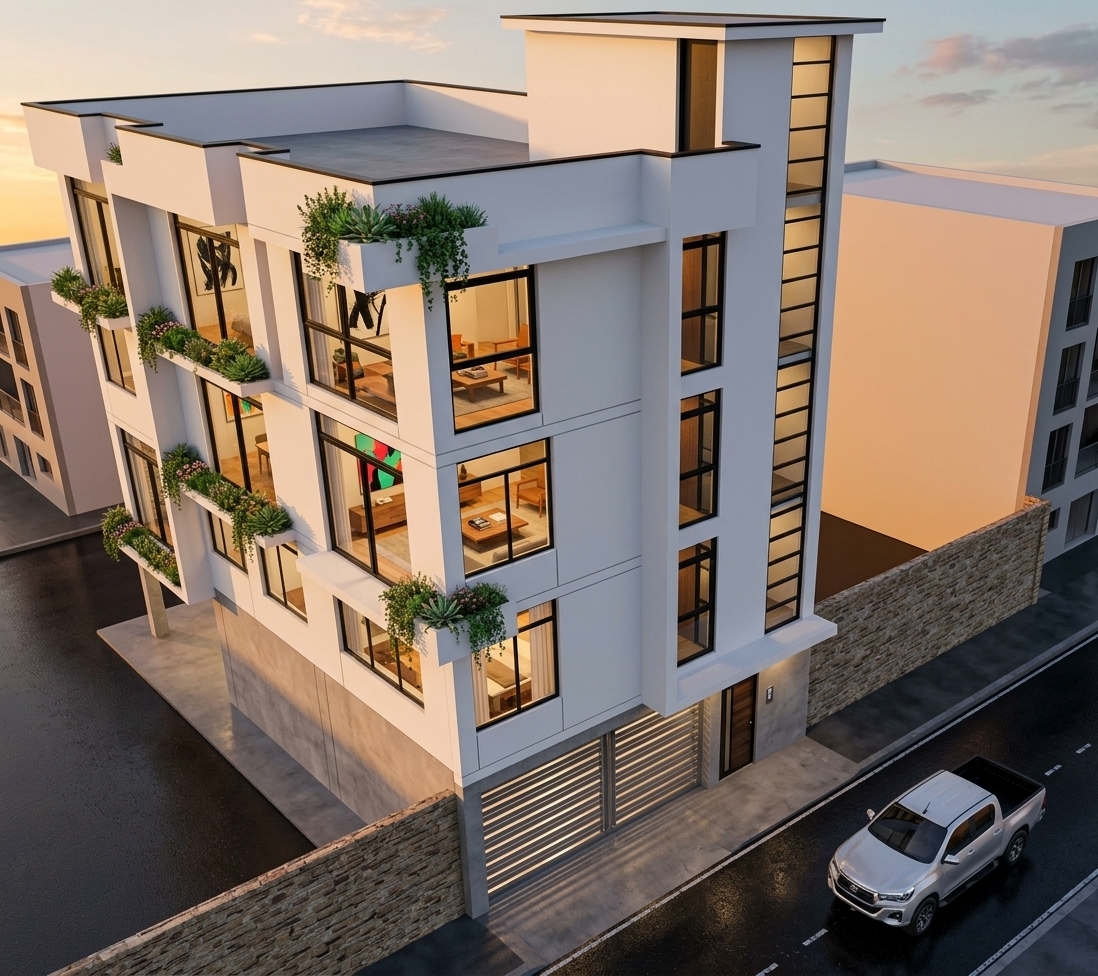 An incredibly lifelike, richly detailed, photorealistic elevated architectural shot of a sleek modern fusion multi-story residential building set in a quiet, upscale urban neighborhood during mid-spring. The scene is illuminated by the warm, golden-amber glow of a setting sun casting soft specular highlights and elongated, gentle shadows across the dynamic geometric volumes, creating an inviting, sophisticated, and tranquil atmosphere. Captured with a professional 24mm tilt-shift lens, emphasizing pristine smooth white exterior surfaces, bold industrial-inspired matte-black window mullions, and finely textured metallic and natural wooden elements. Cantilevered corner planter boxes brim with lush, fresh spring greenery that gently spills over crisp white parapets, introducing lively organic contrast to the modular, clean architectural lines. Through expansive floor-to-ceiling corner windows, warmly lit open-concept living rooms are partially visible, tastefully styled with minimal yet impactful decor including rich wooden accent furniture, coffee table photography books, and large-scale abstract wall art defined by stark shades of black and white with striking vibrant accents. At street level, sleek motorized slatted garage doors and fine entry finishes harmonize with the dark, reflective asphalt road where a contemporary pickup truck rests along the curb beside a textured natural brick boundary wall, grounding this bold, contemporary vision in an authentically rendered urban setting.