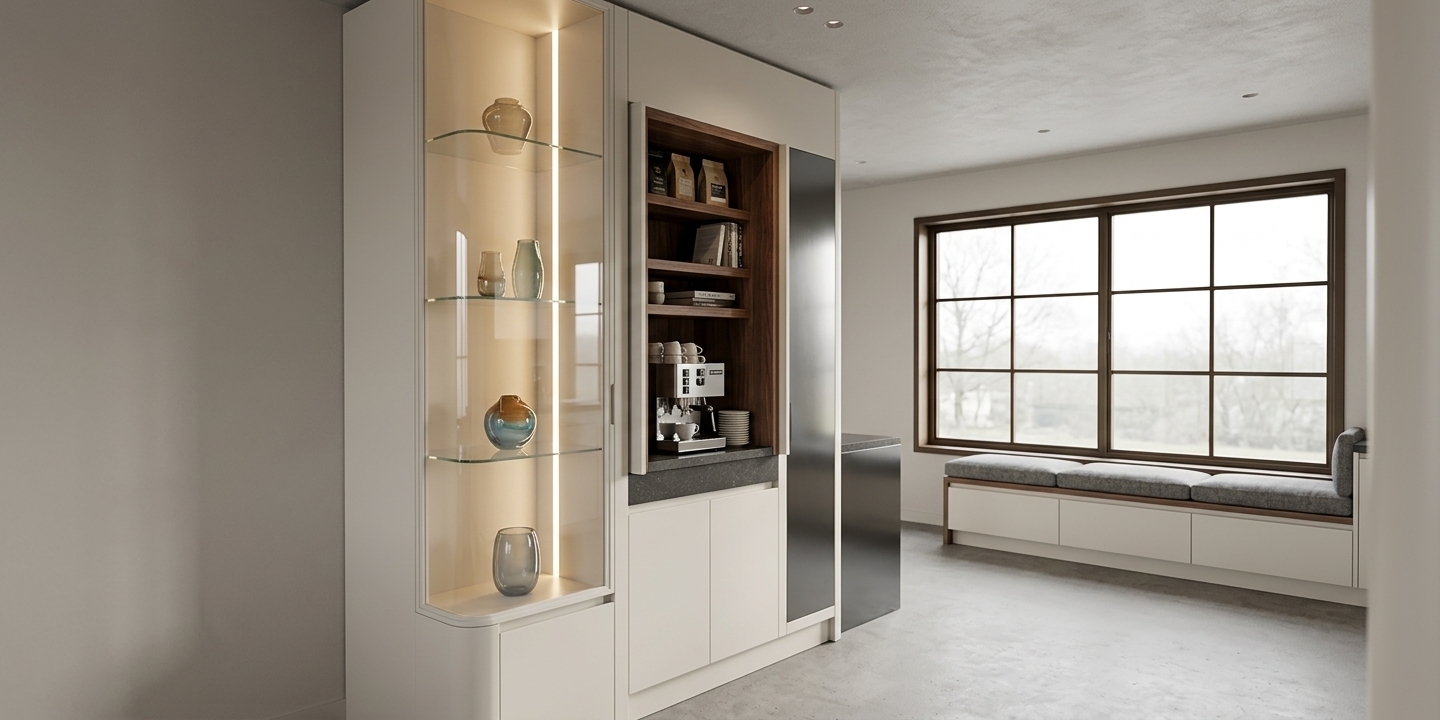 A photorealistic interior photograph capturing the exact layout, cabinetry, and perspective of the scene under soft daylight filtering through the grid window. The tall cabinetry features smooth, matte off-white lacquered finishes, seamlessly incorporating a curved frameless glass showcase on the corner and a dedicated coffee bar niche. Integrated warm 3000K linear LED strip lighting illuminates the shelves inside the showcases, casting realistic diffuse reflections on the clear glass panels and the built-in coffee maker. The window bench in the background has a textured, upholstered dark cushion above clean base drawers. The walls have a subtle matte plaster texture, and the floor shows a soft, satin-finished surface with gentle ambient occlusions and natural, subtle photographic grain captured through a sharp 35mm architectural lens.