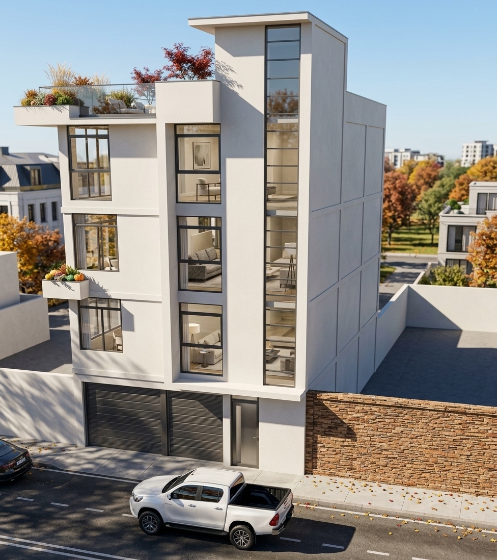 An incredibly lifelike, richly detailed, photorealistic street-level three-quarters architectural shot of a sleek, multi-story contemporary residence set in an upscale urban neighborhood during a crisp autumn midday. The scene is illuminated by brilliant, sharp midday sunlight casting elegant geometric shadows across the pristine facade, creating a sophisticated, airy, and light-filled atmosphere. Captured with a 35mm architectural tilt-shift lens, emphasizing the smooth pearl-toned stucco, slim dark metal window mullions, and the rustic warmth of the adjacent textured brick boundary wall. Glancing through the expansive floor-to-ceiling glass reveals refined living room interiors bathed in natural light, styled in an understated palette of warm white, champagne, and soft gray, complete with tailored upholstered furniture, polished stone surfaces, slim metal accents, sculptural lighting, and curated decor featuring photography books on low tables and minimalist abstract wall art. At street level, a sleek white pickup truck rests parallel to the curb, its glossy finish mirroring the bright sky, seamlessly anchoring the building's clean-lined architectural elegance within its autumnal city environment.