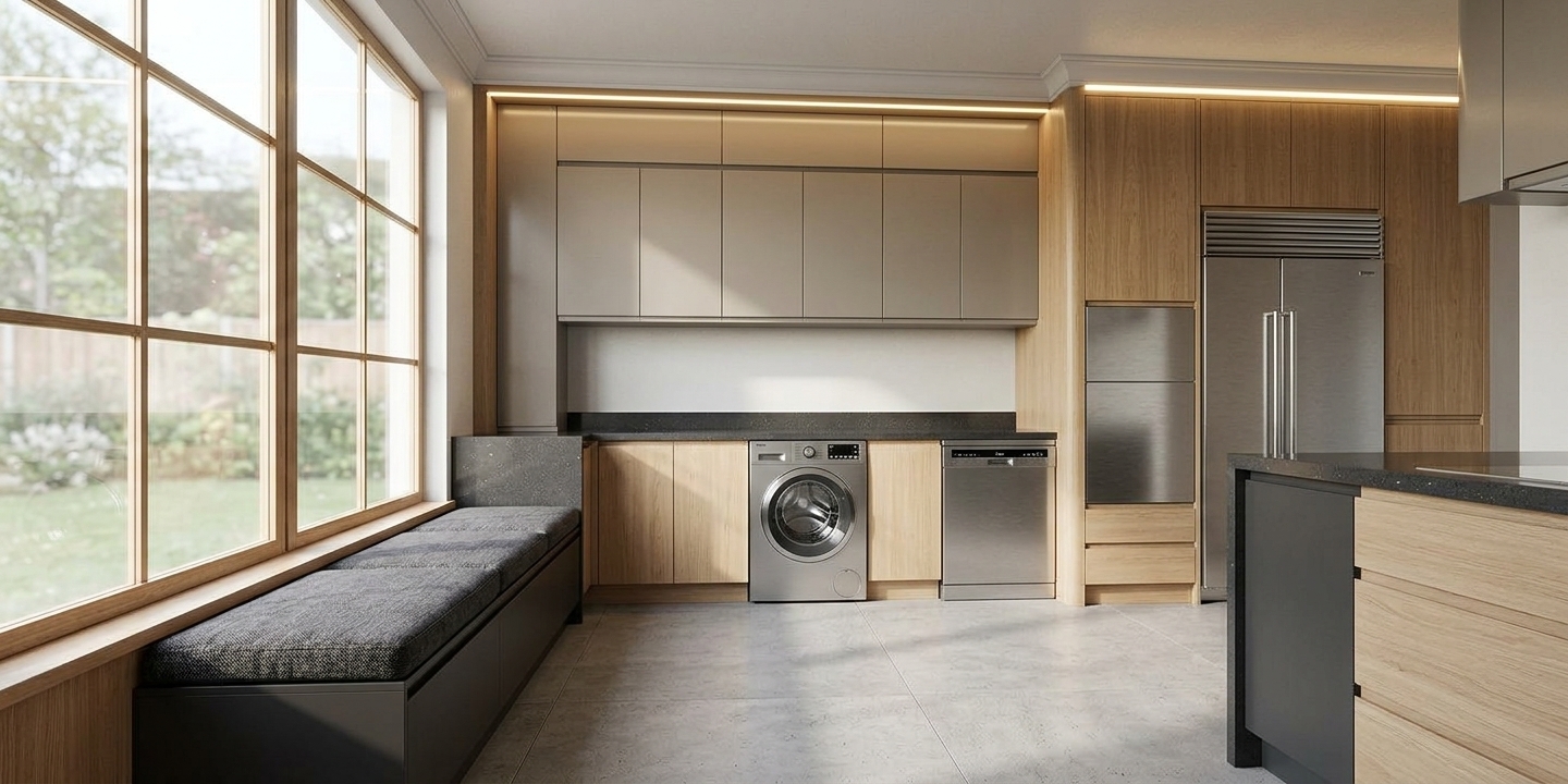 A realistic interior photograph of the kitchen matching the exact structure and perspective, featuring modern high-gloss white and warm natural wood-grain cabinet finishes paired with sleek, polished black quartz countertops displaying faint reflections. Built-in linear LED lighting is recessed seamlessly into the upper crown molding, casting a soft warm architectural glow across the upper cabinetry and backsplash. Natural daylight streams through the large gridded window on the left, blending with the interior lighting to illuminate the brushed stainless steel appliances, front-loading washer, and side-by-side refrigerator. The image is captured with balanced interior exposure, crisp depth of field, delicate surface micro-textures, and realistic ambient shadows, resulting in an authentic architectural photograph.