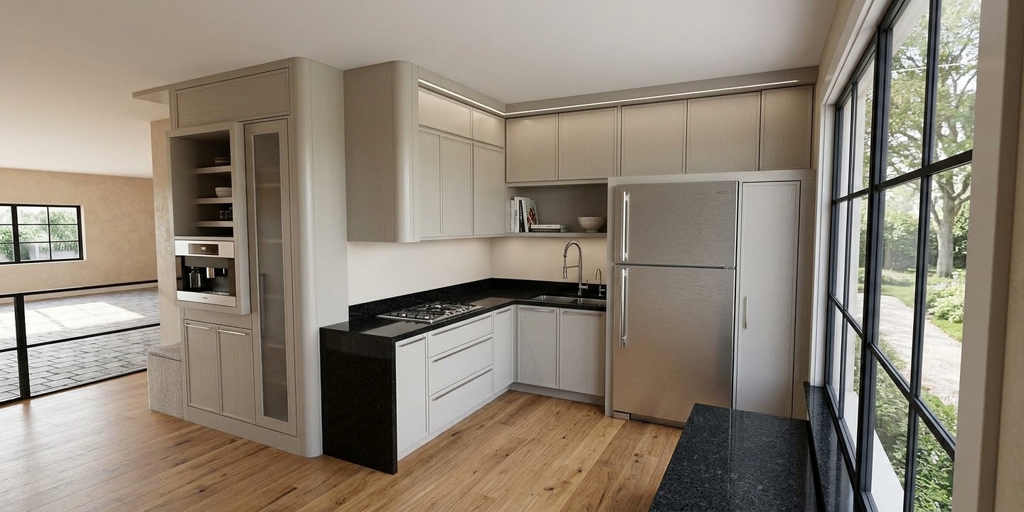 A clean, architectural photograph of the kitchen layout from the exact perspective shown, featuring smooth, high-gloss light greige cabinetry paired with polished black quartz countertops displaying faint crystalline depth and soft reflections. Warm recessed LED strip lighting runs continuously beneath the upper cabinets, casting a soft ambient glow across the backsplash and black surfaces. Natural daylight streams through the large multi-pane window on the right, providing balanced, neutral fill light that highlights realistic micro-textures on the stainless steel sink, built-in coffee maker, and modern appliances. Shot on a 24mm tilt-shift lens with crisp edge-to-edge focus, realistic shadow falloff, subtle surface reflections, and gentle natural exposure balance.