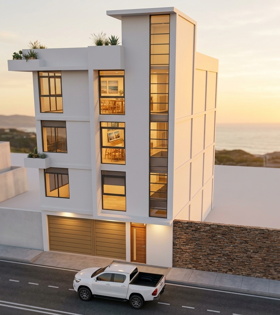 An incredibly lifelike, richly detailed, photorealistic low-angle exterior shot of a sleek, four-story modern townhouse set in an upscale coastal street during a breezy spring evening. The scene is illuminated by the soft, warm golden glow of a radiant sunset, casting delicate amber reflections across the crisp white stucco facade and creating an airy, sun-kissed, and relaxed atmosphere. Captured with a professional 24mm tilt-shift architectural lens, emphasizing the smooth exterior finishes, large tinted window frames, and the rich, earthy texture of the adjacent reclaimed brick boundary wall. Through the expansive upper-floor glass expanses, an open-concept dining room is warmly showcased, styled with nautical and beachy accents in shades of coastal blue, white, and sandy neutrals, featuring refined wicker and light-wood furniture, uncluttered surfaces decorated with an open photography book, seascape wall art, and potted greenery thriving in the coastal air. On the small upper cantilevered ledges, delicate potted succulents and grasses flutter in the seaside breeze, while below, the clean lines of the garage doors, entrance, and the polished contours of a white pickup truck parked on the street mirror the tranquil, golden sky above.