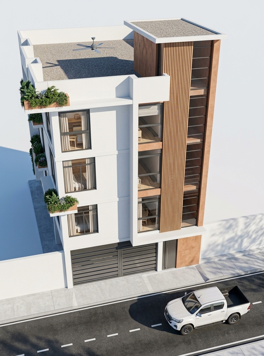 An incredibly lifelike, richly detailed, photorealistic elevated architectural shot of a contemporary multi-story townhouse set in a quiet urban neighborhood. The scene is illuminated by crisp, cool midday winter sunlight casting clear, elongated geometric shadows, creating a serene, luminous atmosphere with a distinct Scandinavian sanctuary feel. Captured with a professional 35mm tilt-shift lens, emphasizing the tactile juxtaposition of smooth, brilliant white plaster on the main volume against the warm, earthy texture of vertical timber slats and terracotta-toned microcement encasing the prominent staircase core. Through the expansive, dark-framed bedroom windows, cozy Scandinavian interiors are revealed with minimalist light oak furnishings, soft natural linen drapes, and muted hygge textiles, contrasting effortlessly with the brisk winter air outside. Lush evergreen planters grace the cantilevered balconies, leading the eye down past the polished horizontal metal garage gate to the pristine sidewalk where a detailed white pickup truck rests along the freshly paved asphalt street.