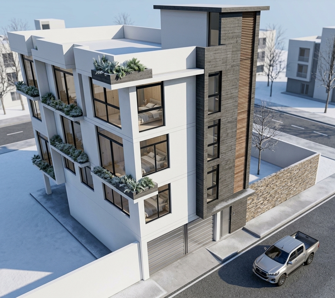 An incredibly lifelike, richly detailed, photorealistic elevated three-quarters architectural photo of a modern multi-family residential building set in a serene urban streetscape during winter. The scene is illuminated by the crisp, cool clarity of bright midday winter sunlight, creating crisp, defined geometric shadows that impart a quiet, minimalist atmosphere. Captured with a professional tilt-shift lens, emphasizing the tactile juxtaposition between the smooth, chalk-white stucco facade and the distinct vertical staircase tower, which is clad in dark, textured charcoal board-formed concrete and warm timber louvers for a striking organic contrast. Cantilevered corner planter boxes brim with lush, frost-kissed pine shrubbery, while large floor-to-ceiling windows framed in matte black aluminum subtly reveal private bedroom suites designed as serene Scandinavian sanctuaries, complete with pale oak paneling, minimalist pendant lights, and soft neutral linens. Below, brushed metallic horizontal garage doors sit flush against the entryway, seamlessly grounding the structure next to an earthy stone-textured perimeter wall and a modern silver pickup truck parked neatly along the clean asphalt roadway.
