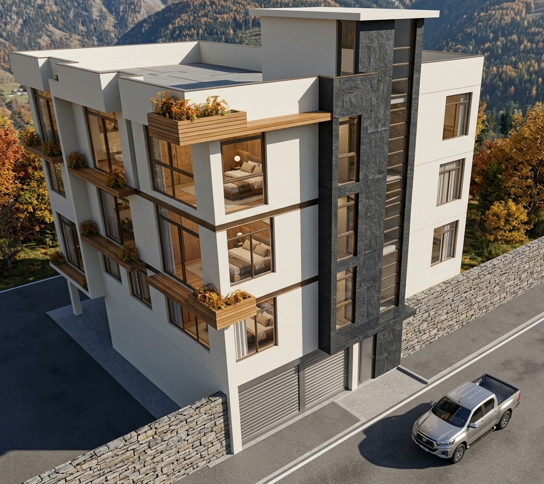An incredibly lifelike, richly detailed, photorealistic high-angle exterior architectural shot of a contemporary multi-level residential retreat set in a serene alpine mountain escape during autumn. The scene is illuminated by crisp, direct midday sunlight casting sharp geometric shadows and creating a luminous, invigorating atmosphere against the cool mountain air. Captured with a professional tilt-shift lens on a high-resolution full-frame camera, emphasizing the crisp structural lines and tactile materiality of the building's exterior finishes. The primary envelope is finished in a smooth, matte off-white architectural stucco, striking a dynamic contrast with the prominent vertical staircase tower that is finished in dark, heavily textured charcoal slate and vertical rhythm glazing. Distinct from the main volume, the cantilevered corner balconies and lush planter boxes are articulated in warm, horizontal natural teak timber slats and burnished bronze accents, brimming with vibrant, wind-swept autumn foliage. Through the generous floor-to-ceiling double-glazed windows, soft ambient interior lights reveal inviting, luxurious bedrooms styled with warm wood paneling, neutral linens, and minimalist decor, while the ground floor features horizontal brushed-metal roll-up garage doors flanked by a rugged stacked-stone perimeter wall bordering the clean asphalt roadway with a parked modern pickup truck.