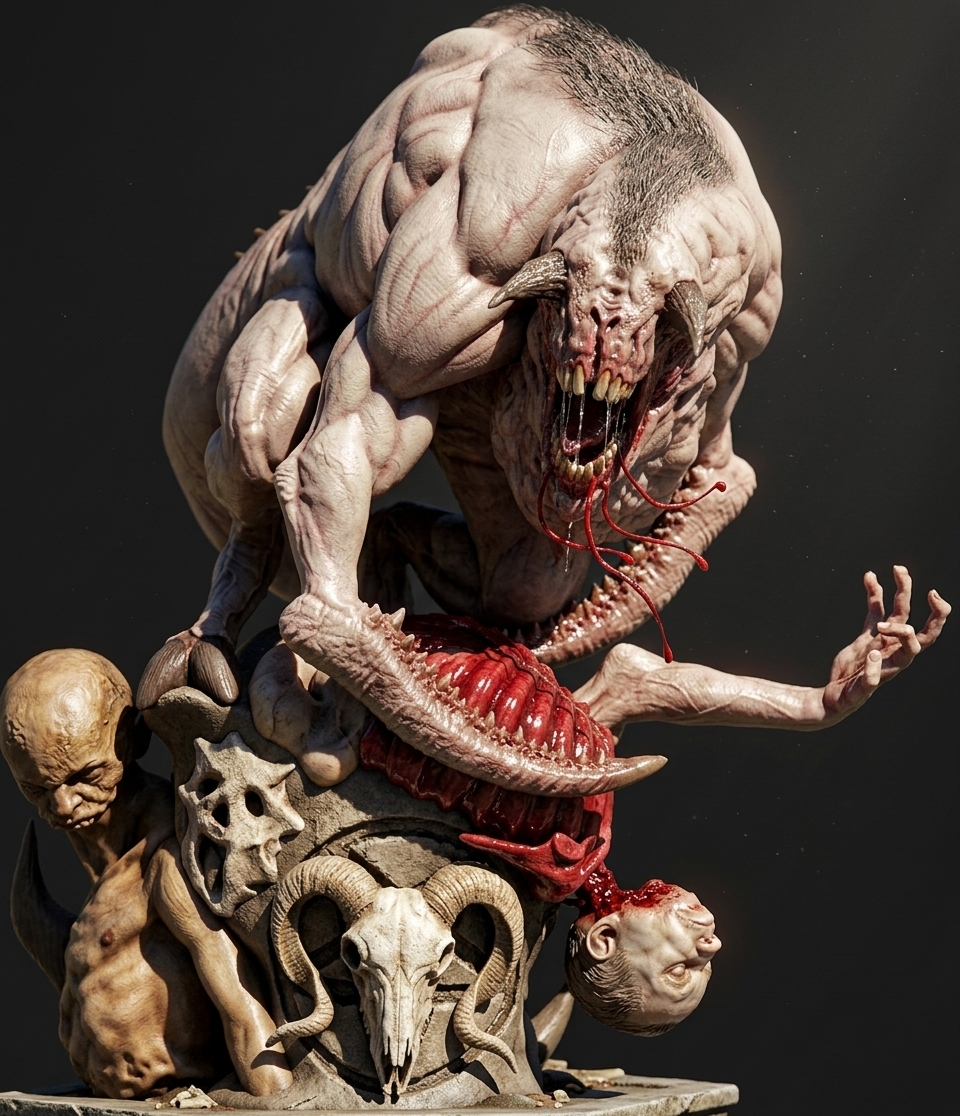 A crisp photograph capturing the exact scene under harsh, overhead midday summer sunlight, casting deep, high-contrast shadows directly downward. The monstrous beast features realistic pale, vein-streaked flesh with believable subsurface scattering, coarse bristled hair, and glossy, wet saliva dripping from its fanged maw. The severed human anatomy and viscera display rich, visceral crimson textures with glistening moisture. The pedestal details and ram skull exhibit porous, weathered bone and matte stone finishes, rendered with natural micro-creases, bright specular highlights from the intense warm sun, and subtle lens flare.