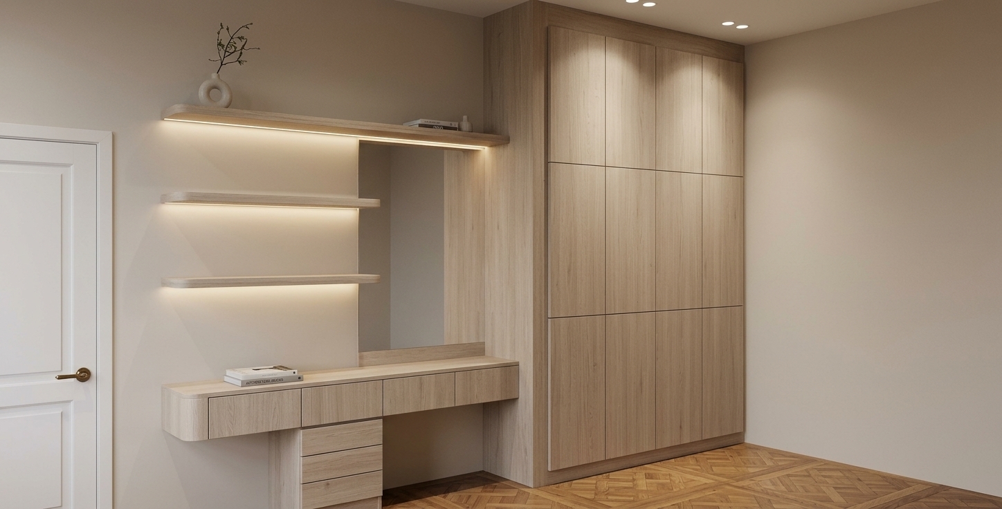 An incredibly lifelike, richly detailed, photorealistic wide-angle interior shot of a bespoke dressing and study nook within a modern minimalist haven set in a contemporary luxury residence. The scene is illuminated by directional recessed spotlights and soft, concealed LED strip lighting tucked behind floating shelves, creating a serene, warm, and Zen-inspired atmosphere. Captured with a professional 35mm architectural lens, emphasizing the natural matte grain of the light bleached-oak cabinetry, flawless neutral beige walls, and polished hardwood parquet flooring. The streamlined, functional layout integrates a seamless floor-to-ceiling wardrobe with clean vertical paneling alongside a floating cantilevered vanity desk, a clear mirrored panel, and gently curved backlit shelves that highlight subtle architectural shadows, delivering an uncluttered, elegant, and peaceful design.