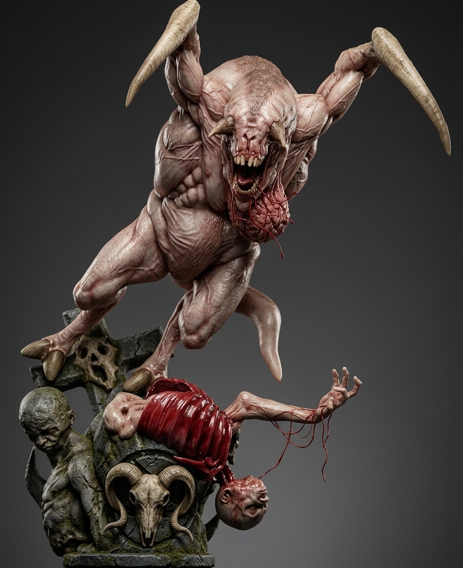 A crisp photograph of the monstrous creature and macabre pedestal, illuminated by harsh, direct midday summer sunlight cast from high above. The beast's pale, vein-traced flesh exhibits natural dermal pores, subtle translucent subsurface scattering, and wet highlights, contrasted by the glistening crimson of the exposed ribcage and viscera. Overhead daylight produces sharp, deep shadows beneath the arched claws, hooves, and the weathered stone base adorned with skulls and tormented figures. Captured on a 50mm lens, the scene features balanced warm daylight exposure, fine micro-textures on bone and flesh, faint atmospheric dust motes, and subtle lens flare.