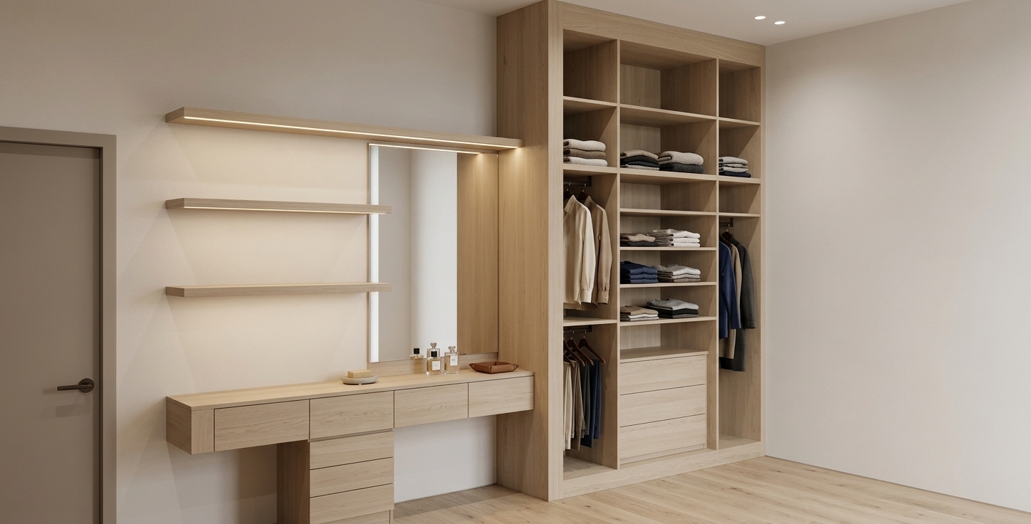 An incredibly lifelike, richly detailed, photorealistic wide-angle eye-level shot of a bespoke wardrobe and vanity suite set in a serene, minimalist modern interior. The scene is illuminated by soft overhead recessed spotlights that cast gentle light pools along the walls, seamlessly complemented by warm, concealed LED strip lighting recessed beneath the floating display shelves and within the tall closet bays, creating an elegant, calming, and zen-inspired atmosphere. Captured with a professional 24mm tilt-shift architectural lens, emphasizing the subtle natural grain of the pale oak millwork, the seamless joinery of the floating dressing table, and the smooth, matte finish of the warm neutral walls. The streamlined composition highlights functional elegance with its uncluttered open wardrobe system, integrated drawers, floating ledges, and vertical mirror, exuding a sophisticated, clutter-free aesthetic tailored for modern luxury living.
