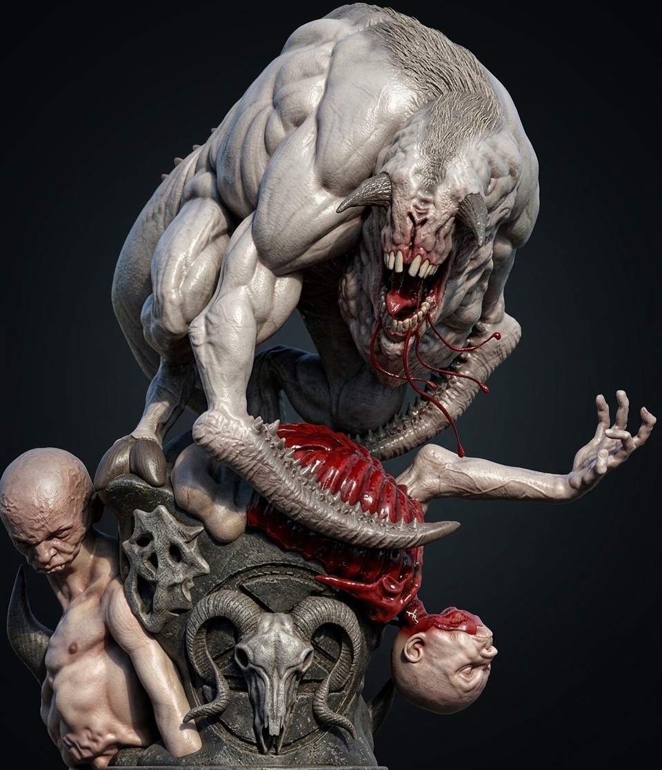 A crisp photograph captured under harsh, direct midday summer sunlight, casting short, sharp shadows downward across the monstrous form. The creature's pale, muscular hide displays realistic subdermal veins, micro-wrinkles, and glistening organic wetness around its jaw and crimson viscera, contrasted by coarse dark bristles along its spine. The ornamental pedestal features sun-baked, weathered stone textures with micro-abrasions and settled dust. Shot with a 50mm lens at f/5.6 under a clean 5500K daylight balance, rendering tactile specular highlights, subtle sensor grain, and zero perspective distortion to perfectly match the original composition.
