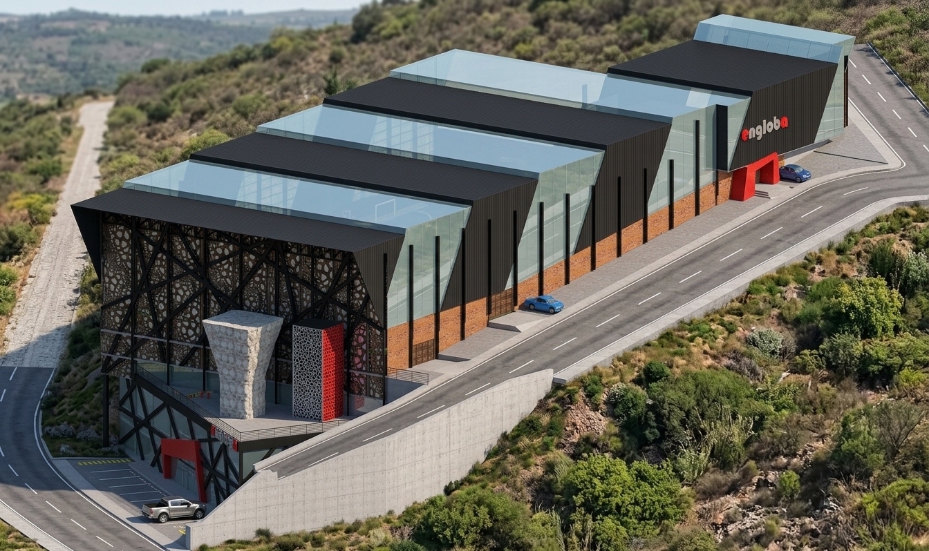 A crisp architectural photograph taken from an elevated aerial perspective, capturing the modern building complex with exact geometry intact. Clear daylight under a soft sky illuminates the matte black corrugated roof segments, translucent glass roof monitors, and intricate black laser-cut geometric facade screens. The inclined side pathway alongside the building is rendered as a realistic asphalt street with natural road textures, concrete curbs, and authentic reflections on the parked vehicles, while the lower retaining wall base remains clean concrete. Surfaces display lifelike photographic textures, including subtle weathering, realistic brickwork, true glass reflections, faint depth of field, and natural atmospheric shadows that ground the structure convincingly.