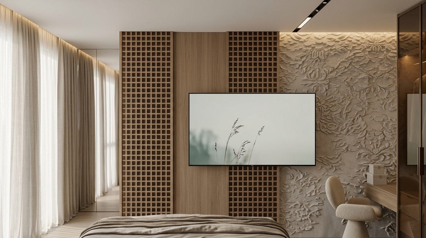 An incredibly lifelike, richly detailed, photorealistic eye-level architectural shot of a serene master bedroom set in a luxurious contemporary penthouse. The scene is illuminated by soft, diffused natural daylight filtering through sheer floor-to-ceiling linen drapes on the left, harmonized by warm ambient cove lighting and a sleek recessed linear ceiling track, creating a calming, zen-inspired atmosphere. Captured with a 50mm architectural tilt-shift lens, emphasizing the tactile contrast between the organic, chiseled relief floral wall carving and the precision-crafted warm oak grid lattice panels. Anchoring the center of the composition, a sleek ultra-thin television floats against vertical wood paneling flanked by symmetric architectural screens. To the right, an elegant floating vanity desk accompanied by a sculptural, rounded boucle chair rests against the richly textured bas-relief wall, neatly framed by modern bronze-tinted glass wardrobe doors. In the foreground, the foot of a tailored bed draped in muted linen and a textured taupe throw blanket introduces a soft, lived-in elegance, completing a clutter-free, streamlined sanctuary defined by earthy neutrals and understated modern luxury.