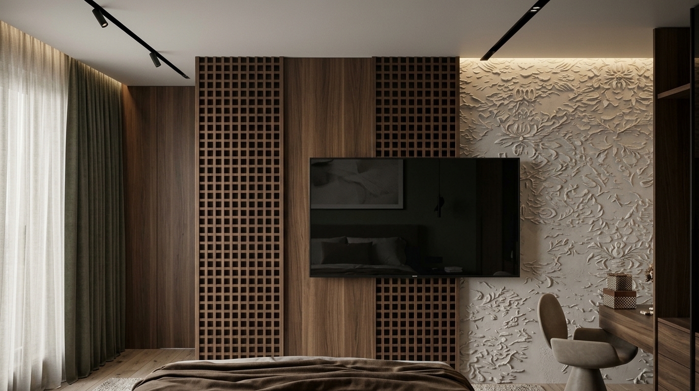 An incredibly lifelike, richly detailed, photorealistic eye-level interior shot of a sophisticated modern fusion bedroom set in a luxury urban apartment. The scene is illuminated by soft daylight gently diffused through sheer floor-to-ceiling drapery on the left, harmonized by sleek black ceiling-mounted track lights and warm concealed architectural cove lighting, creating a serene, moody, and refined atmosphere. Captured with a professional full-frame camera and a sharp 35mm tilt-shift lens, emphasizing the rich interplay of tactile textures and sleek modular surfaces—from the intricate craftsmanship of dark walnut geometric lattice screens flanking a smooth vertical-grain wood panel to the sculpted, bas-relief floral plaster accent wall. A crisp, flush-mounted flat-screen television anchors the symmetrical media wall, while the foreground reveals the heavy, tailored folds of a rich brown bedspread. To the right, an elegant floating vanity desk is paired with an organic, minimalist curved lounge chair, completing a cohesive composition that blends bold architectural geometry with understated, contemporary luxury.
