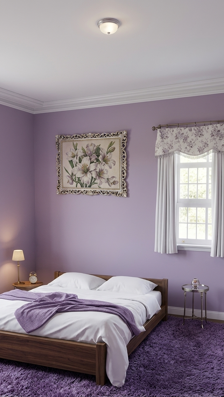 An incredibly lifelike, richly detailed, photorealistic wide-angle interior photograph of an elegant bedroom set in a modern home. The scene is illuminated by gentle daylight filtering through a multi-pane window and complemented by the warm, ambient radiance of a sleek flush-mount ceiling fixture and an intimate bedside table lamp, creating a serene and sophisticated atmosphere. Captured with a professional full-frame camera using a 35mm lens, emphasizing the matte finish of the soft lilac-purple walls, the crisp detail of the classic white crown molding, and the tactile contrast of the deep violet shag carpeting. Centered in the composition, a rich timber platform bed is styled in crisp white linens and draped with a luxurious textured purple throw blanket. Flanking the wall, elegant contemporary accessories, including a delicately framed botanical painting with an ornate filigree border and a sleek metallic side table, elevate the space with a seamless blend of contemporary elegance and tailored comfort.