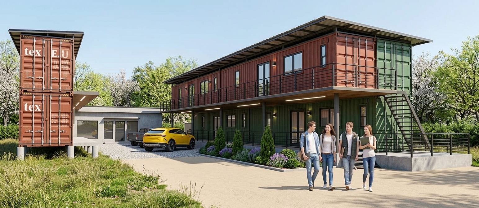 An incredibly lifelike, richly detailed, photorealistic eye-level architectural photo of a modern shipping container house set in a serene outdoor garden designed as a minimalist haven. The scene is illuminated by bright, radiant midday sunlight casting crisp, dynamic shadows, creating an inviting and vibrant spring atmosphere. Captured with a wide-angle tilt-shift lens, emphasizing the corrugated industrial steel textures, sleek black steel railings, and pristine double-glazed glass windows with outdoor lighting fixtures mounted alongside them. In the foreground, four young residents casually stroll along a smooth sand-finish road, while glossy cars—including a vibrant yellow sports SUV reflecting the clear sky—are parked neatly near the covered porch. A lush backdrop of flourishing spring trees and curated perimeter plants beautifully contrasts the bold rust-red and forest-green shipping container modules, harmonizing rugged modular architecture with an elegant, natural landscape.