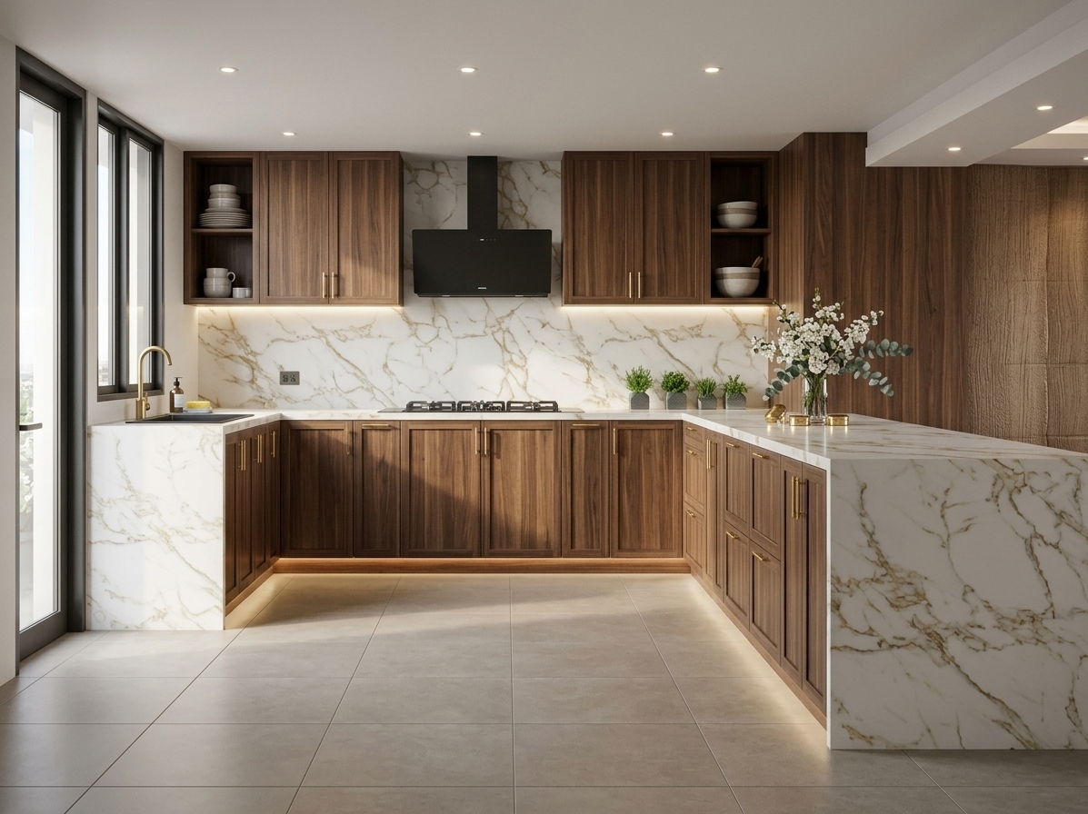 An incredibly lifelike, richly detailed, photorealistic wide-angle interior shot of an Art Deco-infused luxury kitchen set in a high-end contemporary penthouse. The scene is illuminated by soft daylight pouring through the vertical side windows alongside ambient warm under-cabinet and toe-kick LED strip lighting and recessed ceiling spotlights, creating a sophisticated, glamorous, and serene atmosphere. Captured with a professional full-frame camera paired with a 24mm tilt-shift architectural lens, emphasizing the rich, vertical-grain dark walnut cabinetry, bold gold-veined Calacatta marble splashback, and continuous waterfall edge countertops. The streamlined, symmetrical U-shaped layout showcases elegant brass pull handles, a minimalist matte-black extractor hood, and under-lit display shelving filled with finely crafted ceramic dishware, all grounded by expansive neutral matte floor tiles. A delicate glass vase of white blossoms and curated miniature potted plants on the counter introduce refined, organic textures, tying together the room's gilded, geometric opulence and tailored modern craftsmanship.