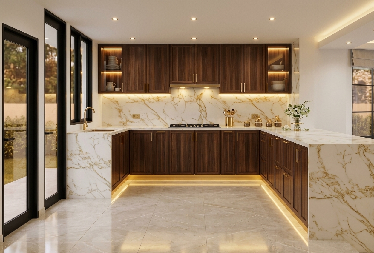 An incredibly lifelike, richly detailed, photorealistic wide-angle interior shot of a luxurious U-shaped kitchen set in an extravagant Art Deco-inspired contemporary residence. The scene is illuminated by warm recessed ceiling downlights, soft golden under-cabinet LED ribbons, and glowing gilded toe-kick lighting, creating an intimate, glamorous atmosphere. Captured with a professional full-frame camera and a sharp 24mm architectural tilt-shift lens, emphasizing the rich vertical grain of the dark walnut cabinetry, opulent gold-veined Calacatta marble waterfall countertops, and polished brass hardware. The symmetrical, streamlined composition showcases meticulous craftsmanship through integrated back-lit glass display cabinets displaying curated ceramic tableware, while bold matte-black doors and window casings establish a chic, high-contrast framework against pristine white walls. Large-format polished floor tiles faintly reflect the ambient golden luminescence throughout the space, leading toward a dramatic waterfall island styled with a delicate vase of fresh white blossoms and organic greenery, effortlessly marrying geometric modernism with timeless Art Deco decadence.