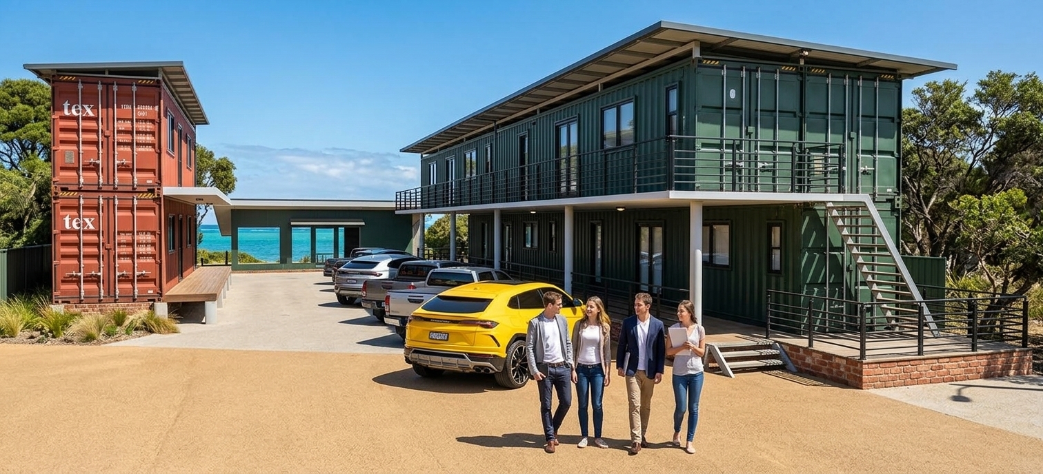An incredibly lifelike, richly detailed, photorealistic wide-angle architectural shot of a modern multi-unit shipping container residence set in a sun-drenched coastal enclave. The scene is illuminated by brilliant, direct midday spring sunlight that casts crisp, geometric shadows, creating a fresh, dynamic, and inviting atmosphere. Captured with a 24mm tilt-shift architectural lens on a full-frame camera, emphasizing the tactile corrugation of the industrial steel panels, the high-gloss automotive finishes, and the organic textures of the surroundings. The two-story modular complex showcases bold terracotta-red and dark forest green shipping containers outfitted with sleek black steel railings, contemporary white steel support columns, and large energy-efficient glass windows with subtle exterior lighting fixtures. A textured, warm sand-finish road stretches across the foreground, where a lively group of young adults strolls beside a row of parked cars, spotlighted by a vibrant yellow performance SUV with mirror-like reflections. Lush coastal trees and native landscaping frame the property, opening in the distance to reveal a shimmering turquoise sea beneath a clear sky, transforming the modular structure into an effortlessly chic, minimalist coastal haven.