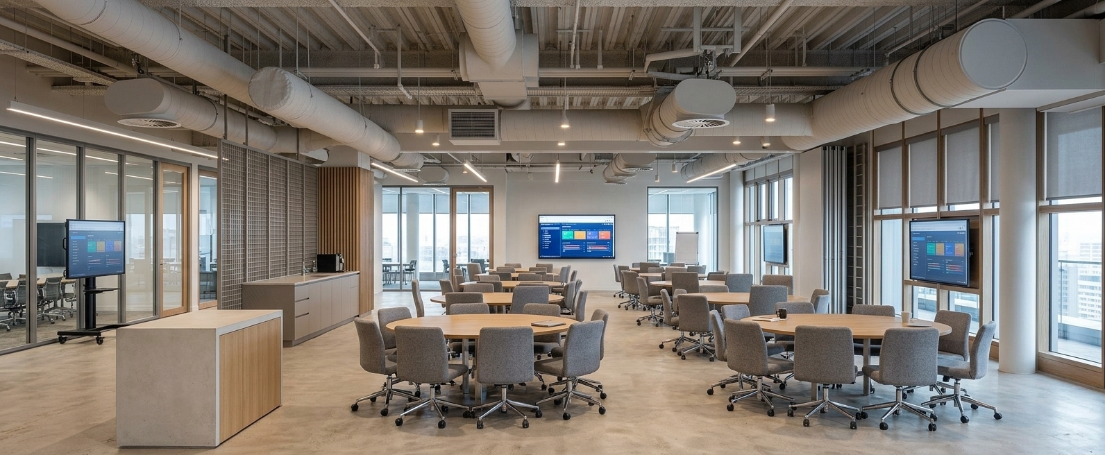 An incredibly lifelike, richly detailed, photorealistic wide-angle interior photograph of an expansive office mini-cafe and contemporary break kitchen set in a sleek, open-plan corporate minimalist haven. The scene is illuminated by soft daylight diffusing through floor-to-ceiling perimeter glazing paired with gentle, warm recessed LED lighting along the industrial exposed ceiling, creating a calm, airy, and sophisticated atmosphere. Captured with a professional full-frame tilt-shift 24mm lens, emphasizing the smooth textures of light-toned poured concrete flooring, soft woven upholstery on ergonomic curved chairs, and the metallic sheen of exposed overhead ductwork. Gathered across the uncluttered layout, spacious round dining tables surrounded by comfortable, padded armchairs invite collaborative coffee breaks and focused discussions, while in the background, streamlined matte cabinetry and a discreet minimalist kitchenette blend seamlessly into the neutral architectural framework. Deep perspectives, subtle ambient reflections on glass partitions, and vibrant wall-mounted digital displays add dynamic depth, perfectly balancing raw industrial character with refined executive hospitality.