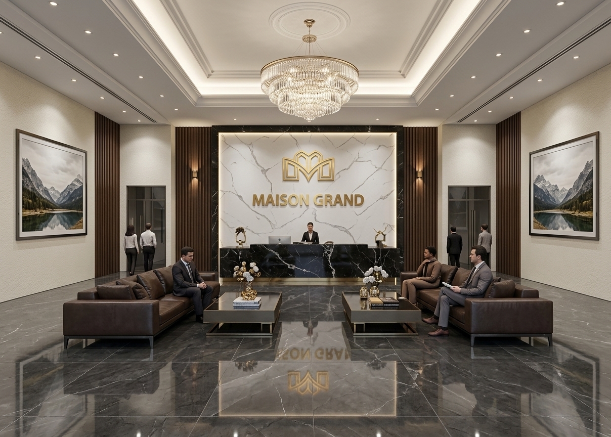 An incredibly lifelike, richly detailed, photorealistic wide-angle interior shot of a grand hotel lobby set in a modern minimalist haven. The scene is illuminated by soft, recessed perimeter lighting, subtle ceiling downlights, and a brilliant tiered crystal chandelier, creating an opulent yet serenely balanced atmosphere. Captured with a professional full-frame architectural lens, emphasizing the contrasting textures of the large-format matte white marble wall cladding—etched with delicate smoky-grey veining—against the high-gloss, mirror-reflective charcoal grey floor tiles below. The impeccably symmetrical composition guides the viewer across pristine grey stone floors toward low-profile dark leather lounge seating, flanking framed alpine artwork and warm wood paneling, before culminating at a striking black marble reception desk accented with radiant golden signage.