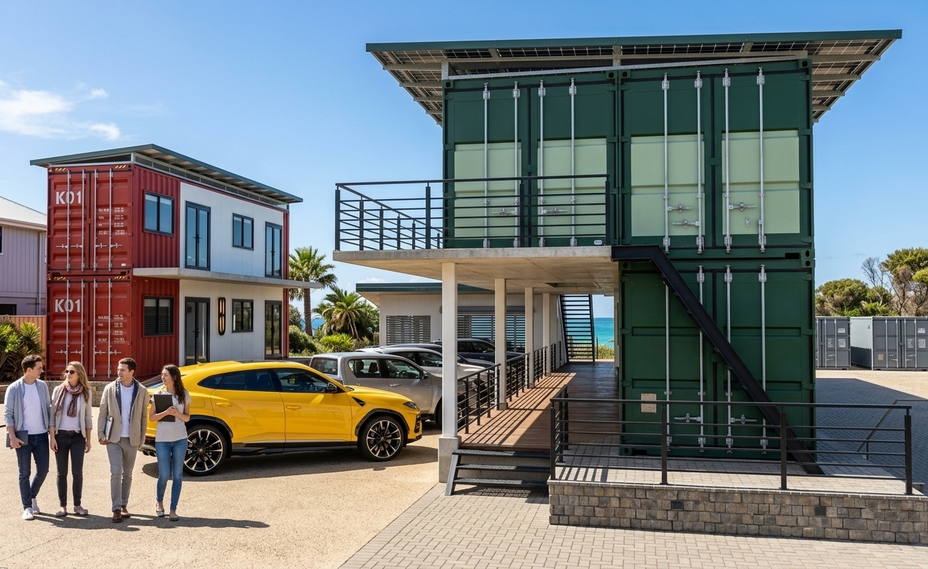 An incredibly lifelike, richly detailed, photorealistic wide-angle eye-level exterior shot of a contemporary multi-level shipping container residence set in a sun-drenched coastal retreat. The scene is illuminated by brilliant midday summer sunlight casting sharp, defined shadows, creating a vibrant, airy, and dynamic atmosphere kissed by a refreshing sea breeze. Captured with a professional full-frame camera and a 24mm architectural tilt-shift lens, emphasizing the corrugated textures of the deep forest green and bold red steel containers, the tactile stone base, and the immaculate mirror-like reflections across the glossy yellow performance SUV and nearby vehicles. Sleek black steel railings enclose the elevated decks and staircases, while expansive modern glass windows and minimalist exterior wall sconces bring refined sophistication to the industrial aesthetic. In the background, lush coastal palms and native trees frame views toward the sparkling turquoise sea, harmonizing the textured sand-finish driveway and leisurely strolling pedestrians into a seamless, high-end seaside living experience.
