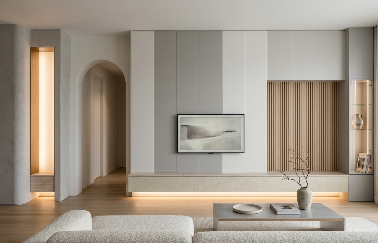 An incredibly lifelike, richly detailed, photorealistic eye-level architectural shot of a serene, minimalist living room media wall set in a contemporary luxury urban sanctuary. The scene is illuminated by soft, ambient daylight balanced with integrated, warm 2700K indirect LED cove lighting lining the recessed niches and running continuously beneath the floating base plinth, creating a deeply tranquil, meditative, and sophisticated atmosphere. Captured with a professional medium-format Hasselblad camera and a 35mm tilt-shift lens at f/8, emphasizing crisp geometric alignment, tactile surface textures, and nuanced shadow play without optical distortion.

The focal point of the composition faithfully translates the architectural elevation into an elegant, uncluttered reality. Anchoring the bottom of the wall is a long, low-profile floating credenza finished in fine-grained sand-toned travertine and textured lime plaster, hovering seamlessly above polished, pale ash-wood flooring while casting a warm, continuous linear glow downwards. To the far left, a framed architectural column wrapped in textured plaster borders a tall, recessed vertical light shaft lined with a warm metallic finish that diffuses a soft, golden radiance. Adjacent to this niche, a gracefully curved, seamless arched doorway opens softly into a tranquil, softly lit adjoining corridor.

The central expanse of the entertainment wall is cladded in pristine, floor-to-ceiling vertical matte panels in warm shades of chalk white and muted gray, seamlessly fitted with hairline reveals. Flush-mounted at the center is a sleek, ultra-thin OLED television screen displaying a muted, minimalist abstract painting that complements the room’s monochromatic palette. To the right of the media zone, the wall transitions into finely crafted, slender vertical oak slats with a tactile tambour relief, introducing organic warmth beneath smooth, touch-latch overhead cabinetry. Framing the far right edge is a tall, slender vertical display vitrine equipped with integrated edge illumination, displaying an artisanal ceramic vase and a single architectural photography book on its discreet floating shelves. 

In the foreground, the edge of a low-slung, textured off-white bouclé sofa and a minimalist brushed-aluminum and oak coffee table ground the composition. Resting atop the table are curated, clutter-free elements: a sleek ceramic tray, a monolithic photography monograph, and a sculptural branch in a raw stoneware vase, bringing subtle biophilic life into this pristine, Zen-inspired haven of refined modern living.