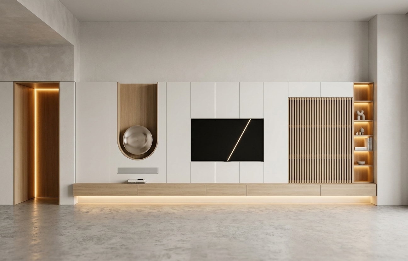 An incredibly lifelike, richly detailed, photorealistic architectural elevation shot of a custom living room entertainment wall set in a serene, modern luxury home. The scene is illuminated by soft, concealed warm-toned LED strip lighting along the base and inside the vertical flanking alcoves, creating a serene, peaceful, and zen-inspired atmosphere. Captured with a high-resolution architectural camera and a 35mm tilt-shift lens, emphasizing the tactile harmony of natural light oak, smooth matte-white cabinetry, and brushed metallic accents. 

Centered on the wall is an ultra-slim black television flush-mounted against vertical, seamless white wall panels. To its left, an elegant arched niche lined with fine natural wood texture frames a sculptural circular feature and a minimalist display ledge adorned simply with a curated photography book. To the right, a refined slatted oak screen provides warm geometric texture, balancing the built-in vertical shelving columns on either edge that glow with golden ambient light. Running across the entire base, a streamlined floating wooden plinth hovers delicately above the floor, illuminated by an understated under-cabinet halo that completes this uncluttered, monochromatic sanctuary of modern elegance.