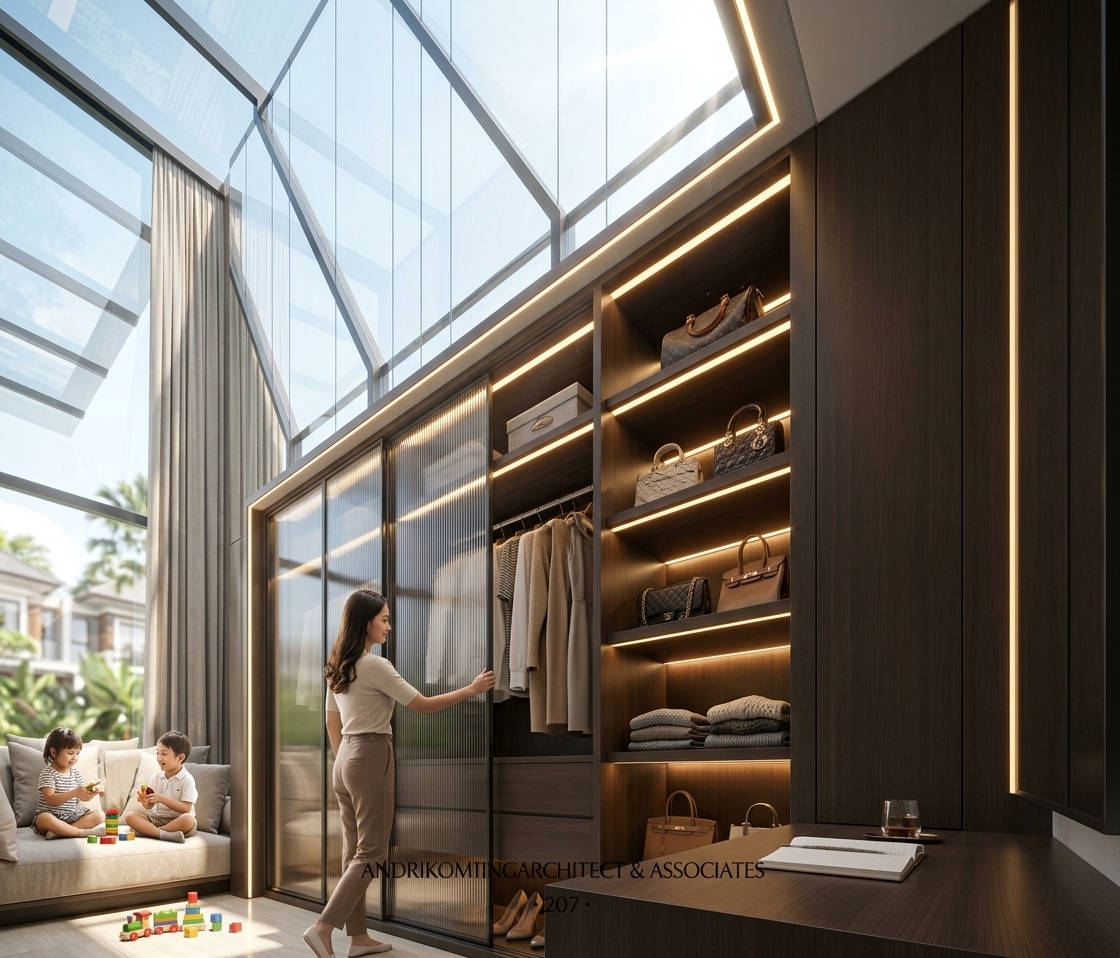 An incredibly lifelike, richly detailed, photorealistic low-angle interior shot of an ultra-luxurious modern walk-in closet and dressing lounge set in an exclusive residence in Jemursari, Surabaya. The scene is illuminated by radiant midday spring sunlight pouring through a seamless double-laminated glass roof that cascades continuously into a grand floor-to-ceiling window, perfectly counterbalanced by warm, integrated LED strip profiles recessed into the bespoke cabinetry, creating an opulent, serene, and sophisticated atmosphere. Captured with a professional 24mm architectural tilt-shift lens, emphasizing the rich grain of the dark brown HPL paneling, semi-reflective fluted glass doors, and the soft sheen of cream wood-effect ceramic floor tiles. In this refined setting, an elegant woman gently slides open a sleek glass wardrobe door to access impeccably arranged garments and illuminated open shelves showcasing designer handbags, while two children play happily on the sun-drenched daybed sofa by the draped glass wall with a few colorful toys scattered across the pristine floor, perfectly blending haute-couture luxury with warm, vibrant domestic living.