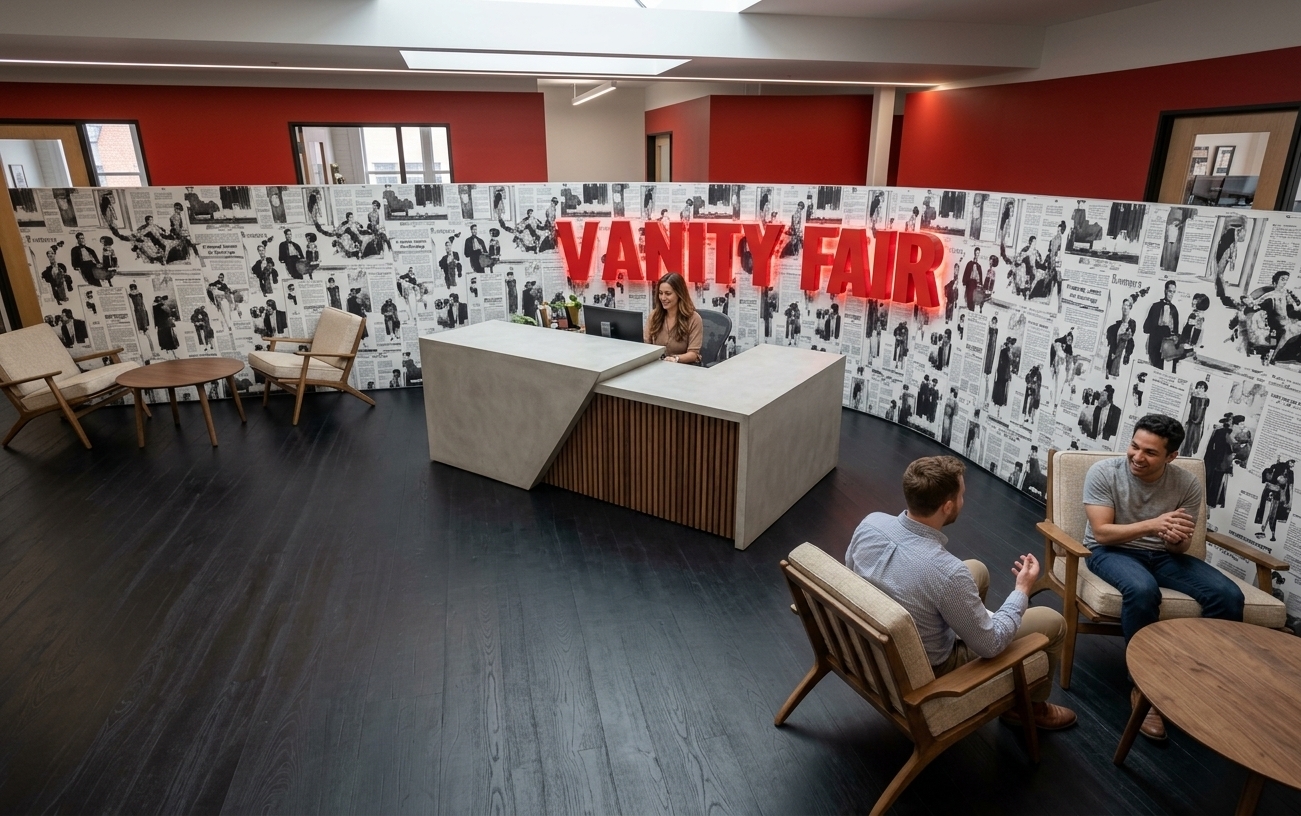 An incredibly lifelike, richly detailed, photorealistic wide-angle interior shot of a stylish reception and lounge area set in a high-end coworking space within an industrial loft during a bright spring midday. The scene is illuminated by diffused daylight filtering through overhead skylights alongside warm, radiant backlighting glowing from behind the bold red "VANITY FAIR" dimensional lettering, creating an inviting, professional, and dynamic atmosphere. Captured with an architectural 24mm wide-angle lens, emphasizing the deep matte grain of the black timber flooring, the concrete and slatted timber reception counter, and the intricate vintage editorial imagery of the curved black-and-white collage wallpaper. Behind the desk, a polished receptionist warmly attends to work, while in the foreground lounge area to the right, two colleagues sit in contemporary light-upholstered armchairs around a low coffee table, absorbed in lively, casual conversation against the backdrop of striking red architectural walls and industrial structural accents.