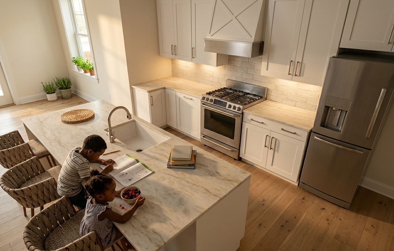 An incredibly lifelike, richly detailed, photorealistic high-angle interior photograph of an airy kitchen infused with French country charm set in a serene suburban home. The scene is illuminated by soft morning sunlight pouring from nearby windows balanced with gentle under-cabinet lighting, creating a warm, cozy, and inviting family atmosphere. Captured with a professional 35mm lens, emphasizing the organic, honed veining of the cream marble island, the artisanal woven texture of the counter stools, and the satin finish of the crisp white shaker cabinetry. Perched on the stylish woven barstools, a young Black boy leans diligently over an open workbook with pencil in hand, while a young Black girl beside him happily enjoys a small bowl of fresh berries, bringing a delightful, lived-in warmth to the space. The scene seamlessly showcases modern culinary sophistication and classic provincial elegance, from the polished undermount sink and sleek stainless steel appliances to the soft, wide-plank light oak flooring beneath.