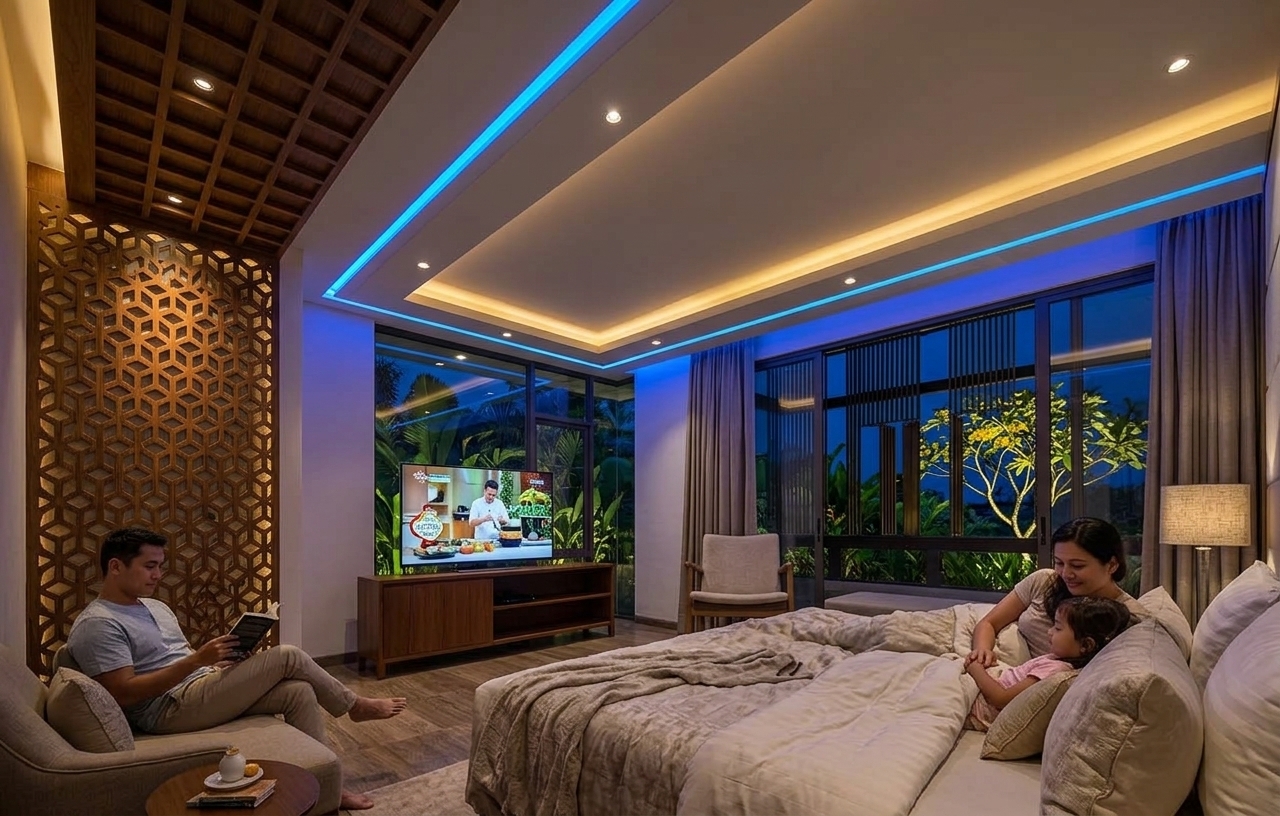 An incredibly lifelike, richly detailed, photorealistic wide-angle interior photograph of a luxurious master bedroom set on the second-floor front wing of a contemporary doctor's residence in Jemursari Utara, Surabaya. The scene is illuminated by warm hidden cove lighting, ambient recessed ceiling downlights, and vivid neon-blue perimeter LED strips paired with soft garden uplighting, creating an intimate, tranquil, and digital zen-inspired nighttime atmosphere. Captured with a 24mm architectural wide-angle lens, emphasizing the natural warmth of wood-patterned granite tile flooring, the plush textures of bed linens, and the dramatic depth of the space. 

Within this restful sanctuary, a lavish king-size bed takes center stage, where a mother and young daughter recline comfortably under crisp, soft duvets while watching a cooking program on the media console television. To the left, nestled beside an intricate geometric HMR laser-cut screen wall, a man relaxes in a plush armchair reading a novel beside a minimalist round coffee table accented with light refreshments. Massive frameless glass walls and sliding doors seamlessly open the bedroom to a private balcony terrace bordered by pivoting vertical hollow-iron louvers, overlooking a lush, moisture-kissed tropical garden filled with dense Heliconia foliage and an illuminated yellow-flowering fossil frangipani tree.