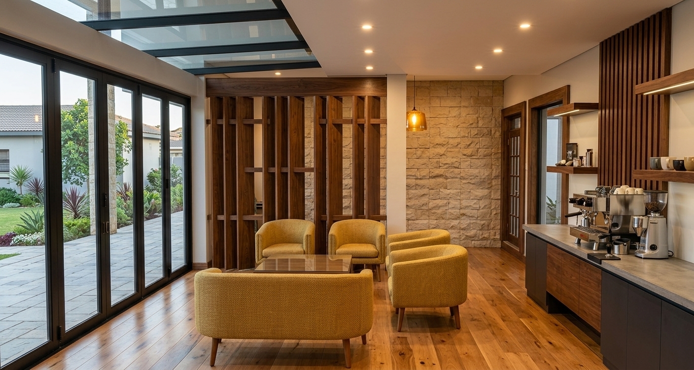 Photorealistic architectural photograph of the interior, precisely maintaining the original camera angle, layout, and composition. The floor is finished in authentic warm timber floorboards with subtle grain and soft light reflections. Neatly arranged on the right countertop sits an espresso coffee station, illuminated from above by subtle, warm linear LED lighting integrated beneath the floating shelves. Diffuse natural daylight flows through the expansive glass doors on the left, blending seamlessly with warm ceiling downlights. The mustard seating displays realistic woven fabric texture, complemented by rich architectural woodwork on the partitions and ceiling beams, captured with clean, balanced interior photography lighting and sharp architectural focus.
