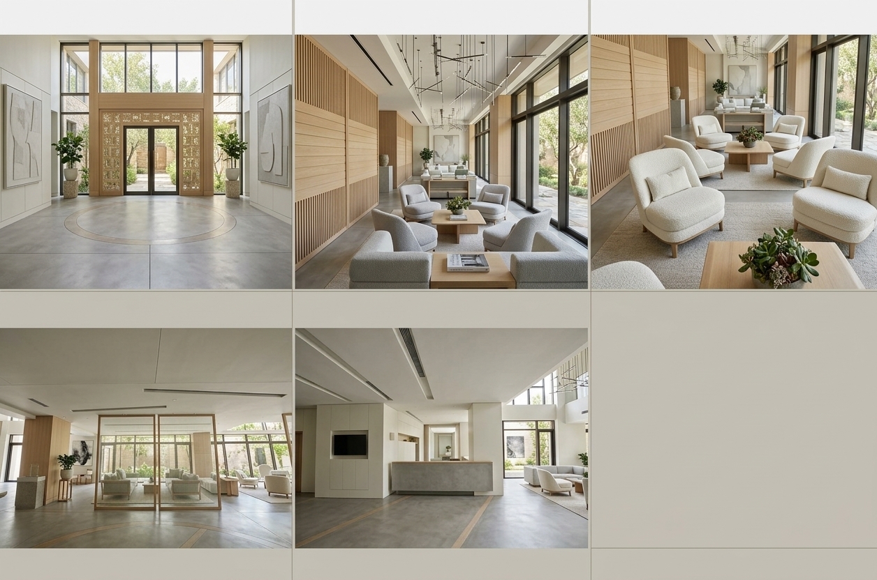 An incredibly lifelike, richly detailed, photorealistic wide-angle interior shot of an expansive, open-concept minimalist living room reimagined from the grand lobby space, set in a tranquil modern luxury residence. The scene is illuminated by bright, diffused midday sunlight pouring through full-height steel-framed glass windows, creating a serene, calm, and uplifting atmosphere. Captured with a 24mm tilt-shift architectural lens, emphasizing the matte microcement floors, blonde ash wood slat paneling, and tactile off-white bouclé textiles. Sleek, low-profile modular lounge seating in shades of soft chalk, pale gray, and subtle mist green grounds the uncluttered room, centered around an elegant, streamlined wooden coffee table displaying a lone, curated architectural photography book. Large monochromatic abstract plaster art adorns the pristine walls, while a sculptural indoor bonsai tree in an unglazed ceramic vessel and views of sun-dappled courtyard greenery bring a harmonious, Zen-inspired vitality to the refined, clutter-free space.