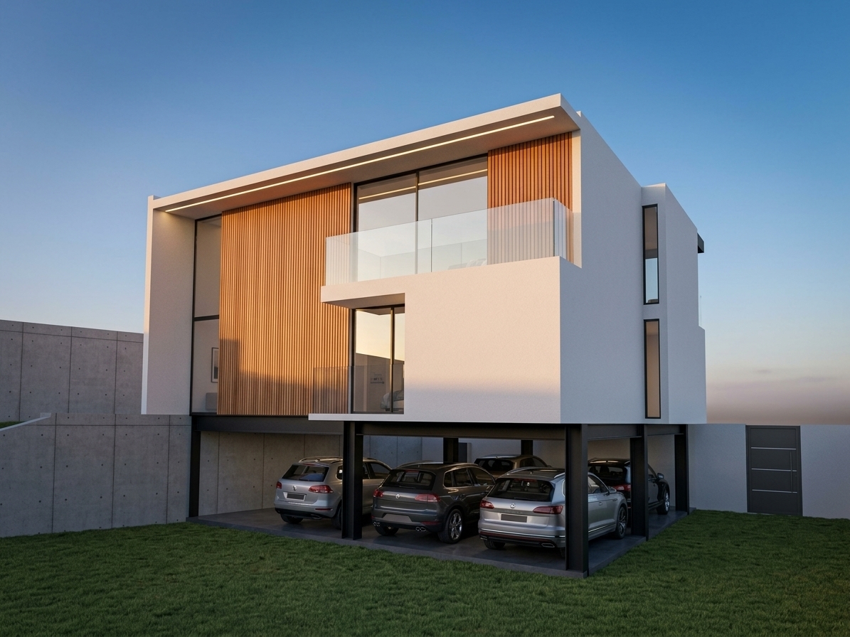 Architectural photograph of the modern residence preserving the exact composition and structure, featuring high-end minimalist materials such as smooth fine-aggregate white render, warm vertical timber batten cladding, matte black steel structural beams, and clean tempered glass balustrades. The carport reveals concrete pillars with subtle formwork texture and realistic parked vehicles reflecting ambient light. Captured in the warm illumination of a late afternoon sun using a 24mm tilt-shift lens, showcasing crisp directional shadows, accurate glass reflections, natural lawn grass textures, and balanced exposure across the shaded undercroft and brightly lit facade.