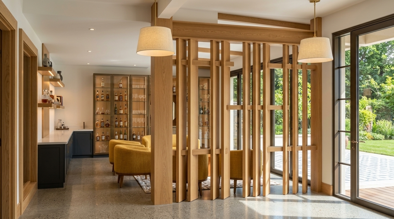 An incredibly lifelike, richly detailed, photorealistic eye-level interior photograph of a mid-century modern living room and cocktail lounge set in a luxurious open-plan summer residence. The scene is illuminated by brilliant midday sunlight streaming through floor-to-ceiling glass doors, beautifully complemented by the soft, warm glow of recessed strip LEDs beneath the floating shelves and within the tall display cabinets, creating a bright yet intimate, sophisticated atmosphere. Captured with a 24mm tilt-shift architectural lens, emphasizing natural wood grain textures, polished quartz countertops, and the tactile weave of the furnishings. A sculpted vertical timber slat partition frames a chic seating nook featuring radiant mustard-yellow tub armchairs arranged atop a geometric rug. Along the side wall, the matte-charcoal bar cabinetry radiates elegance, its illuminated glass and wood shelves artfully showcasing vintage liquor bottles, sparkling crystal glassware sets, sculptural ceramics, and curated art books, while the expansive glass doors open out to a sun-drenched patio and verdant summer garden.