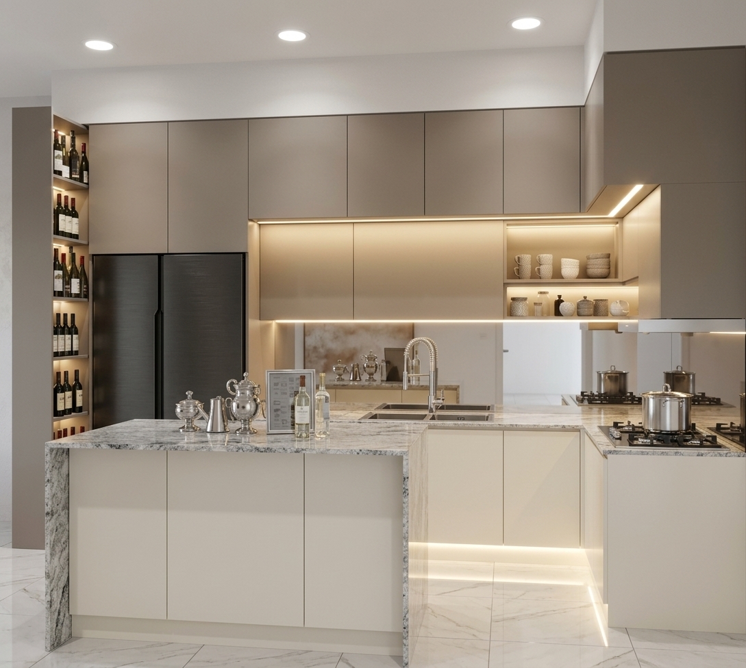An incredibly lifelike, richly detailed, photorealistic eye-level interior shot of a bespoke contemporary kitchen set in a tranquil minimalist haven. The scene is illuminated by crisp recessed ceiling downlights paired with luminous, warm under-cabinet and under-counter LED strip lighting, creating an inviting, sophisticated, and ambient atmosphere. Captured with a professional full-frame architectural camera with a 24mm tilt-shift lens, emphasizing the pristine textures of the central island, where polished gray-veined granite elegantly blankets the entire top and cascades down both the left and right sides in a seamless waterfall finish, beautifully complementing the flush, handleless cream cabinetry beneath. Matte taupe upper cupboards hover above illuminated niche shelving and a sleek back counter equipped with a high-arc chrome gooseneck faucet, while an integrated tall vertical wine rack and a flush-mounted dark refrigerator complete the streamlined layout, all mirrored gently across the glossy, expansive porcelain floor tiles.