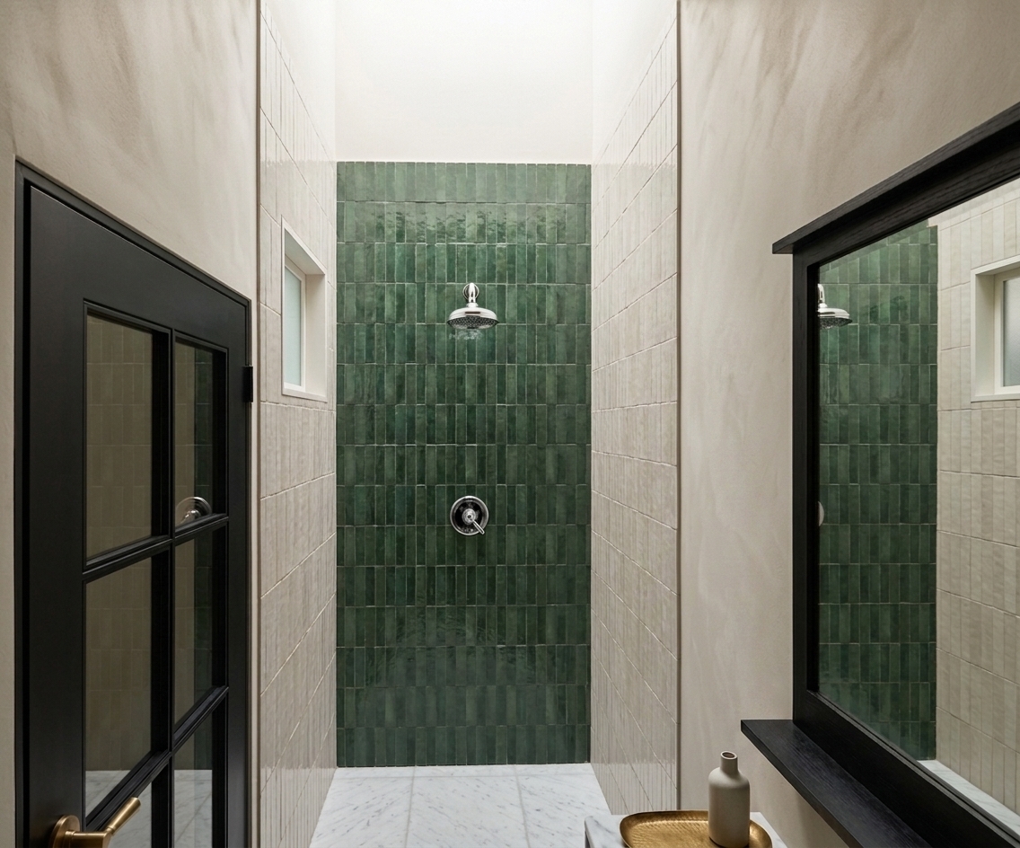 An architectural interior photograph of the narrow bathroom, preserving the exact geometry, fixtures, and perspective, illuminated by soft natural daylight pouring down from the skylight above. The lime-washed plaster walls are rendered in a distinctly lighter, airy off-white tone with delicate matte trowel texture and subtle micro-mottling. The forest-green vertical subway tiles exhibit realistic handmade undulating surfaces with gentle specular highlights and organic variation in their rich glaze. Polished chrome hardware shows crisp, authentic reflections and faint water spots, while the white marble floor displays soft grey veining with realistic surface sheen. The scene is captured cleanly on a 35mm architectural lens with accurate depth of field, natural ambient bounce light, subtle falloff, and fine photographic grain.
