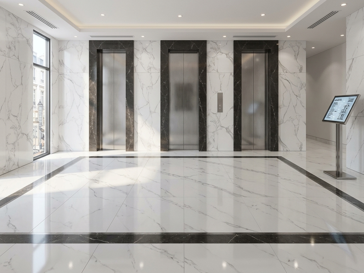 An incredibly lifelike, richly detailed, photorealistic wide-angle interior architectural shot of an upscale elevator bank set in a modern fusion luxury hotel lobby. The scene is illuminated by bright, harmonious spring midday daylight streaming from a tall vertical window combined with soft recessed LED downlights, creating a sophisticated, airy atmosphere. Captured with a professional 24mm tilt-shift architectural lens, emphasizing the seamless, high-gloss reflections on the polished porcelain floor tiles accented with a sharp, dark marble perimeter inlay. Three brushed stainless steel elevator doors stand framed by rich, dark charcoal marble portals, contrasting gracefully against the expansive white walls clad in subtle grey-veined porcelain tiles and a clean, recessed white tray ceiling.