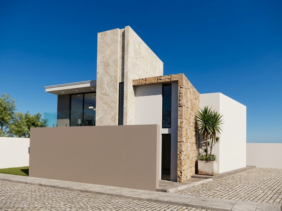 The photo captures a striking contemporary residence under a brilliant, clear blue sky, bathed in bright daylight that casts sharp, defined shadows. The architectural style emphasizes geometric forms, clean lines, and a sophisticated interplay of contrasting materials and textures. The building's facade is dominated by large, smooth white rendered surfaces, which provide a minimalist backdrop for more tactile elements. A prominent vertical volume of warm, reddish-brown stacked brick rises sharply, punctuated by a slender, dark-framed vertical window. Adjacent to this, another distinct volume features rugged, dark grey natural stone cladding with irregular textures, also framing a vertical, floor-to-ceiling window that suggests a grand entry or a prominent interior space. Below this stone-clad section, a warm wooden deck implies an inviting, recessed entrance.

The upper level of the house features a cantilevered section with a flat, dark roof overhang, supported by a visible dark structural beam. This section includes a large expanse of glass, likely a sliding door, opening onto a balcony protected by a sleek, transparent glass railing. The reflective surfaces of the glass capture hints of the clear sky, blurring the lines between interior and exterior. The ground surrounding the building is paved with grey cobblestones, lending an urban or semi-urban context to the scene, bordered by a low, smooth concrete curb. A tall, slender plant with delicate foliage and a trailing plant are gracefully arranged in a dark rectangular planter box, adding a subtle touch of organic life and softness against the building's stark materials. The overall composition is asymmetrical yet harmoniously balanced, highlighting the distinct architectural volumes and their material variations, creating a sense of modern elegance and structural interest.